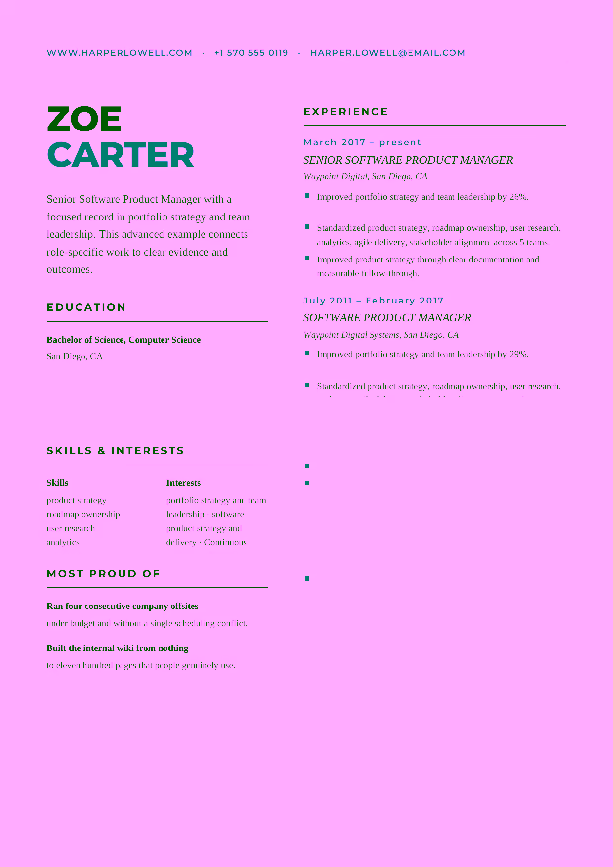 Advanced Senior Software Product Manager resume example in the Bootes template focused on portfolio strategy and team leadership.