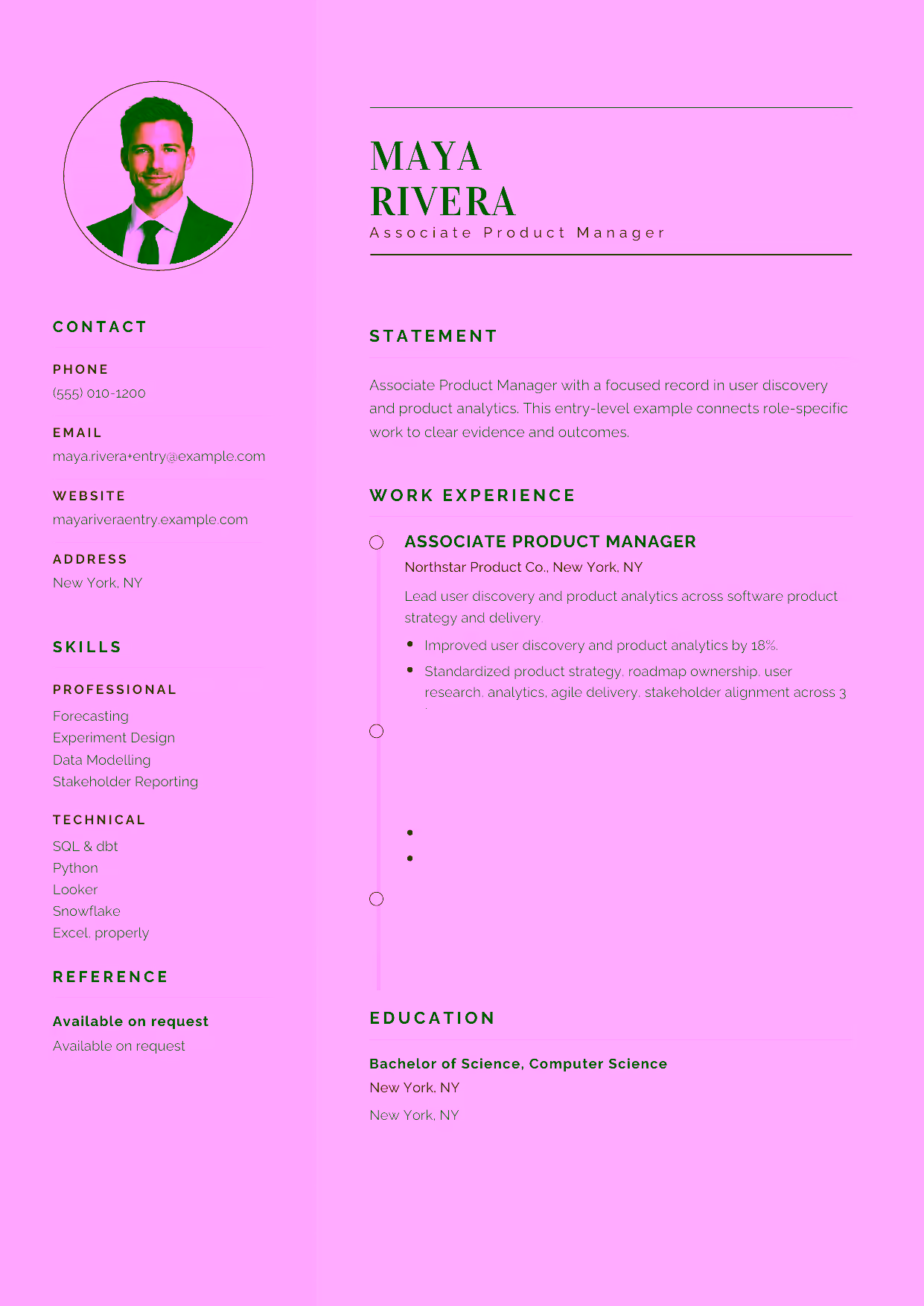 Entry-level Associate Product Manager resume example in the Cetus template focused on user discovery and product analytics.