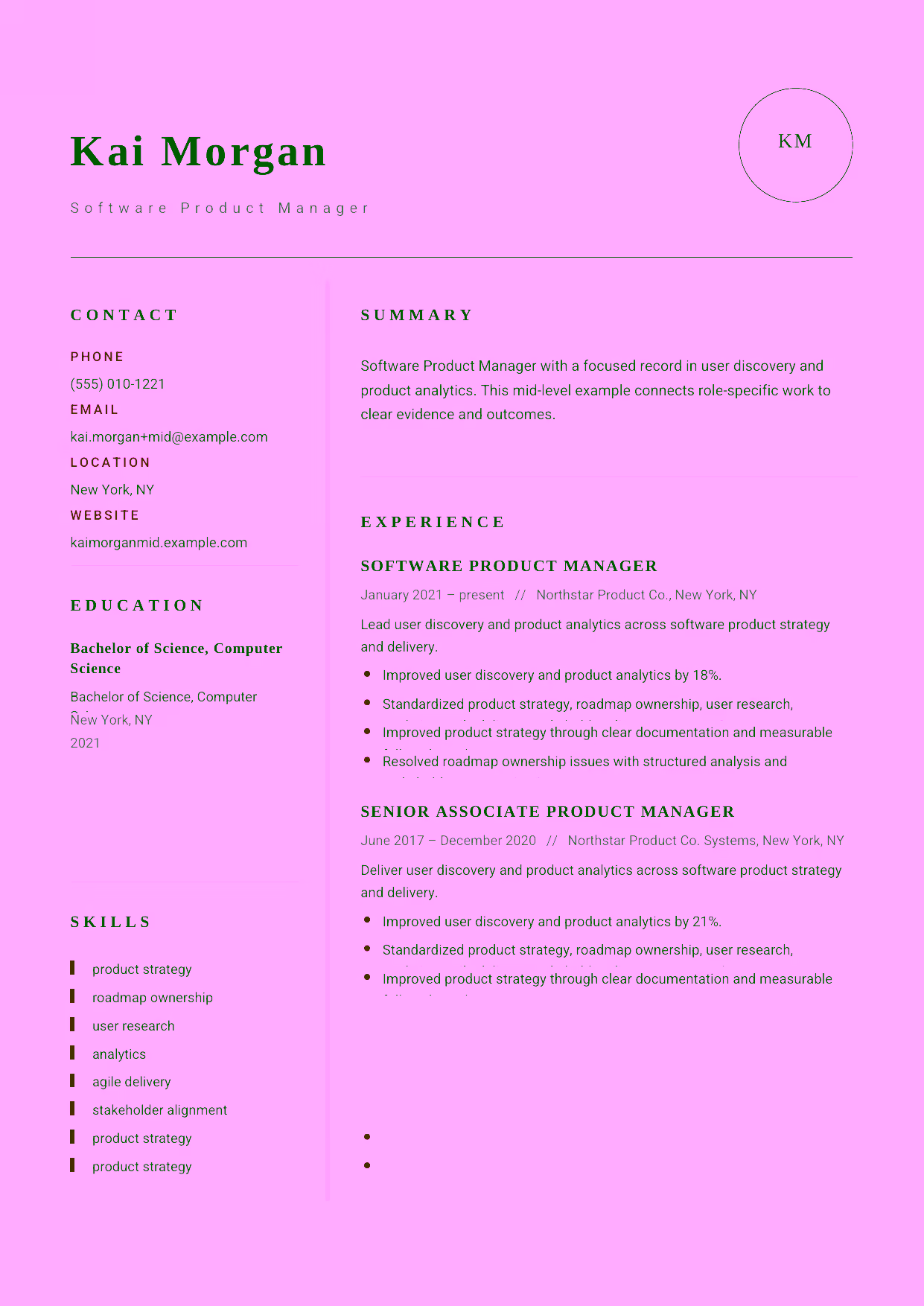 Mid-level Software Product Manager resume example in the Grus template focused on roadmap execution and experimentation.