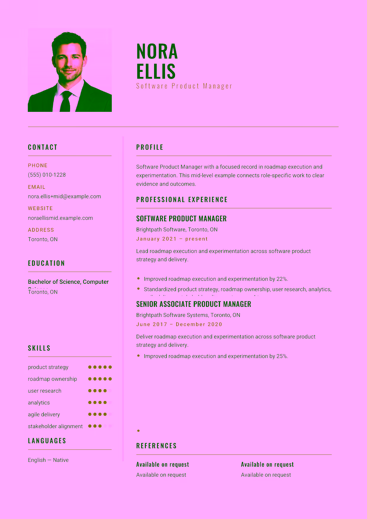 Mid-level Software Product Manager resume example in the Acamar template focused on roadmap execution and experimentation.
