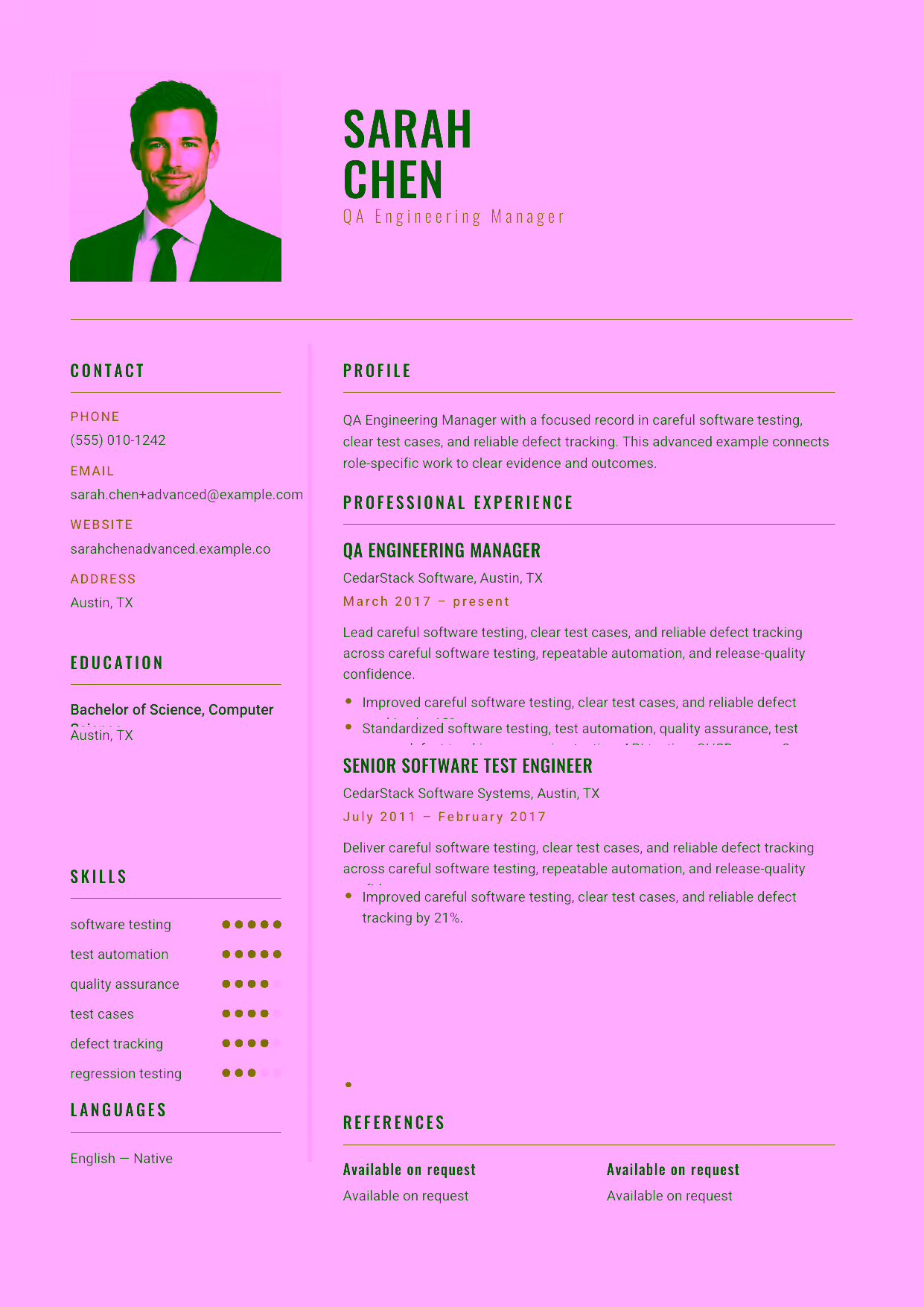 Advanced QA Engineering Manager resume example in the Acamar template focused on quality-assurance strategy, CI/CD confidence, and test-team leadership.