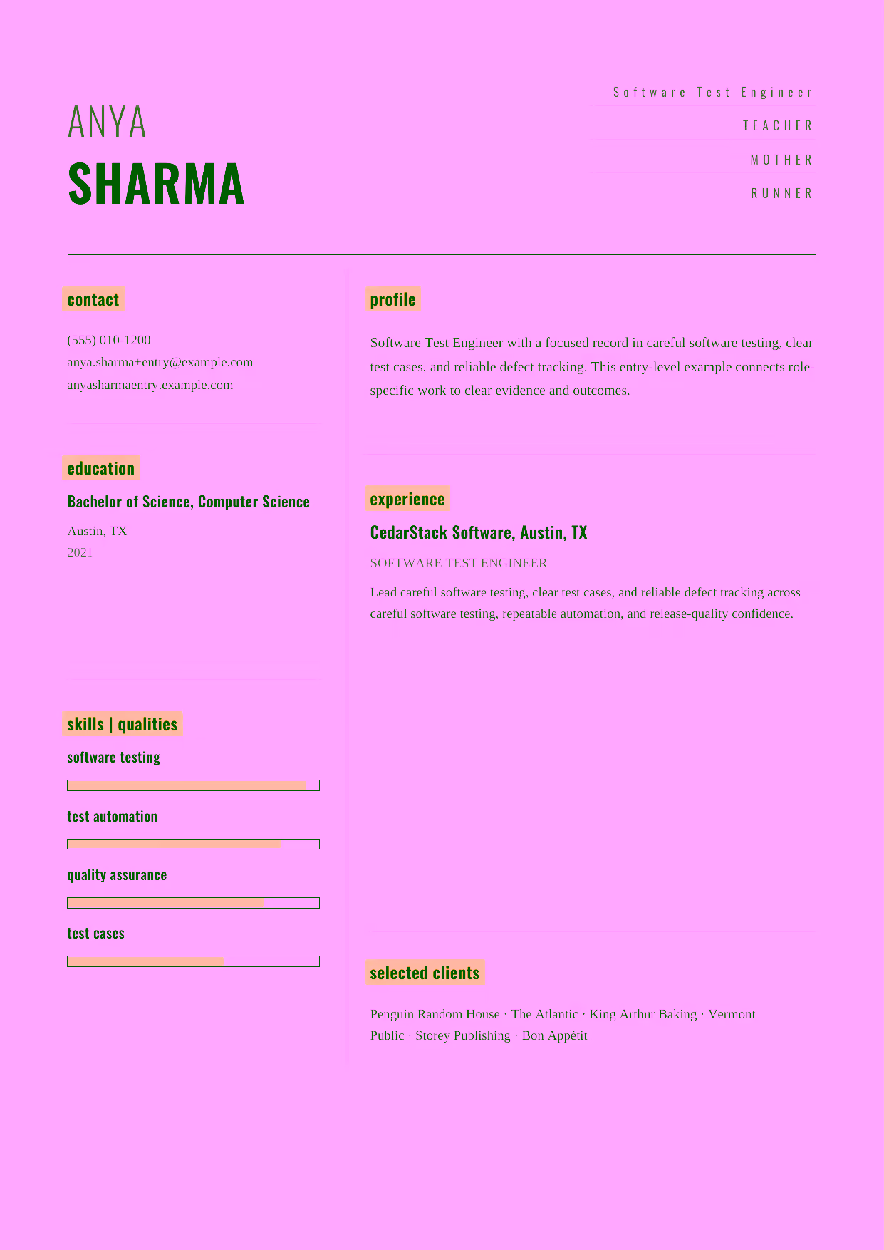 Entry-level Software Test Engineer resume example in the Dorado template focused on careful software testing, clear test cases, and reliable defect tracking.