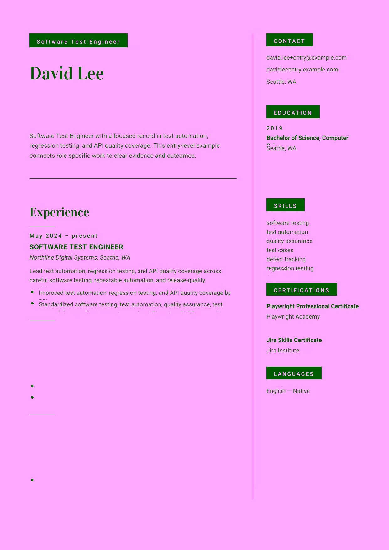 Entry-level Software Test Engineer resume example in the Aquila template focused on careful software testing, clear test cases, and reliable defect tracking.