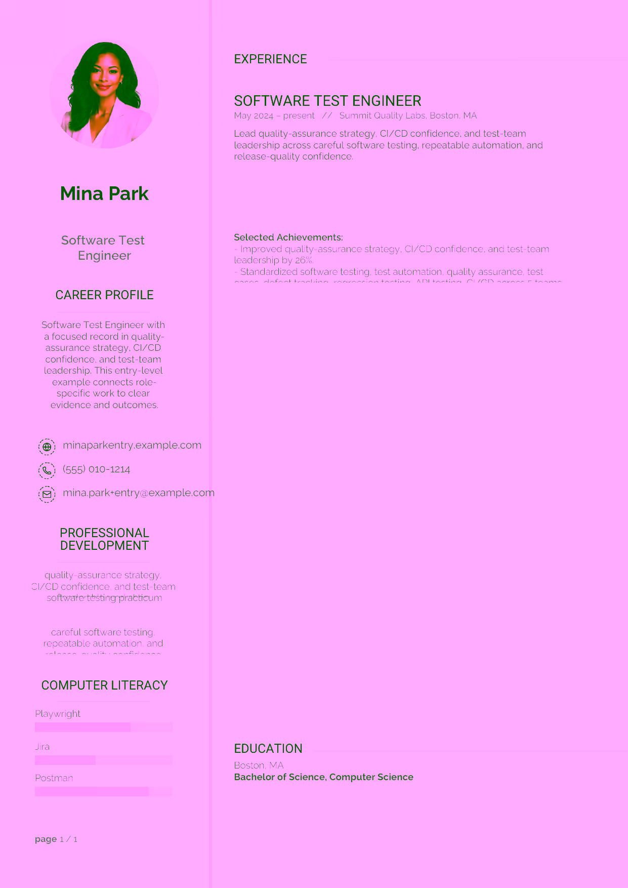 Entry-level Software Test Engineer resume example in the Synnove template focused on careful software testing, clear test cases, and reliable defect tracking.
