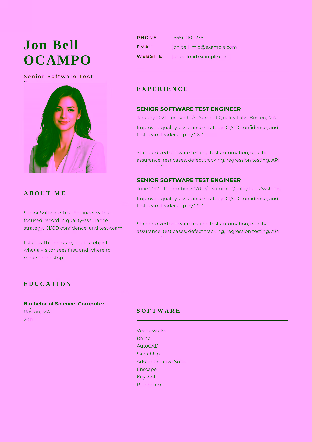 Mid-level Senior Software Test Engineer resume example in the Hydra template focused on test automation, regression testing, and API quality coverage.