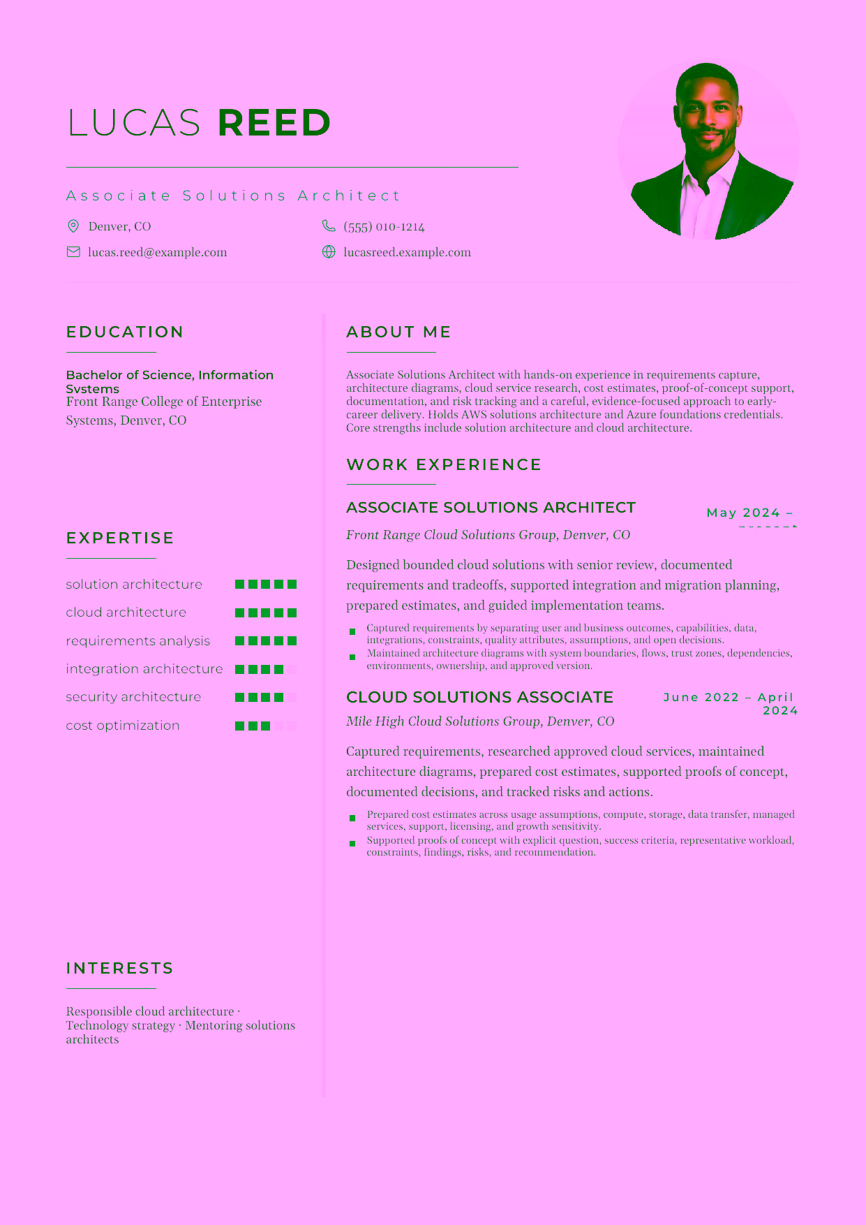 Entry-level Associate Solutions Architect resume example in the Achernar template focused on requirements capture, architecture diagrams, cloud service research, cost estimates, proof-of-concept support, documentation, and risk tracking.