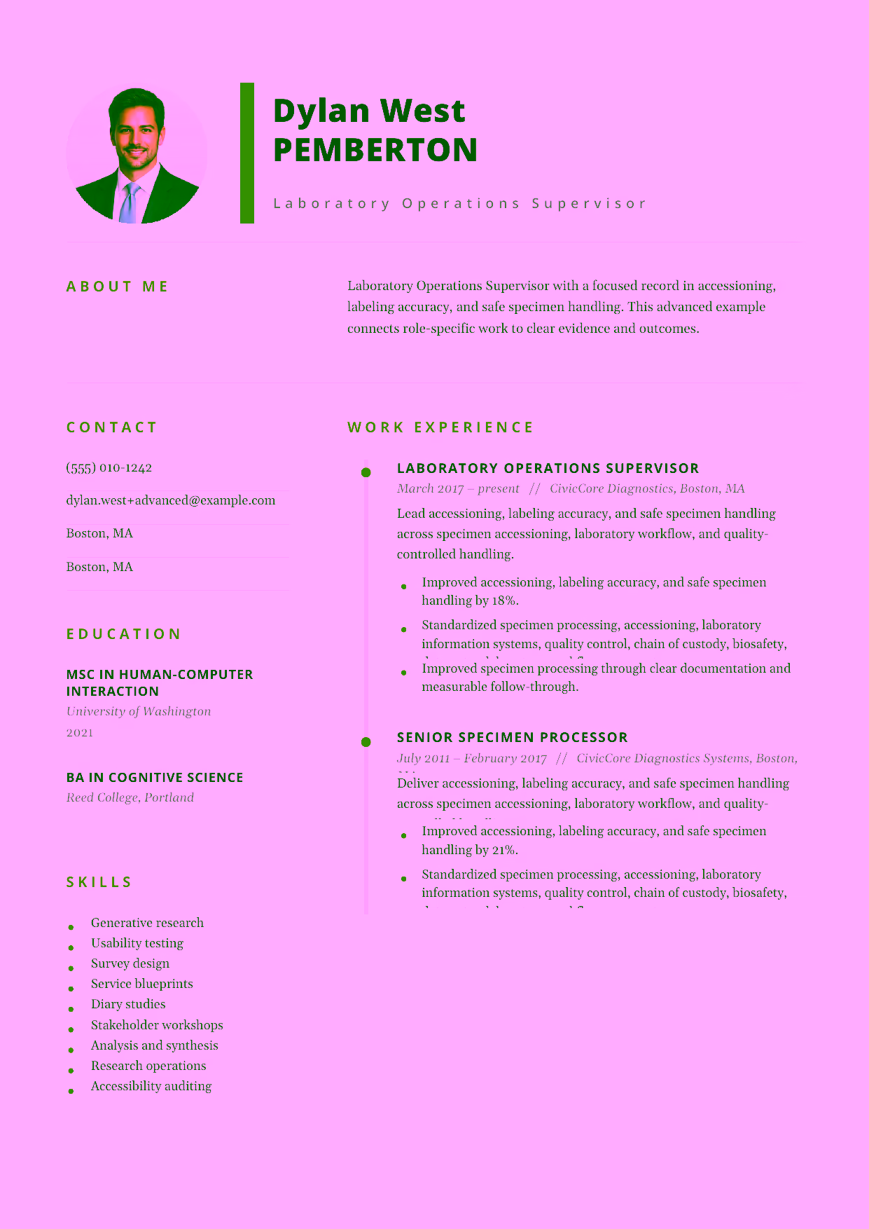 Advanced Laboratory Operations Supervisor resume example in the Pegasus template focused on specimen operations, compliance controls, and team leadership.
