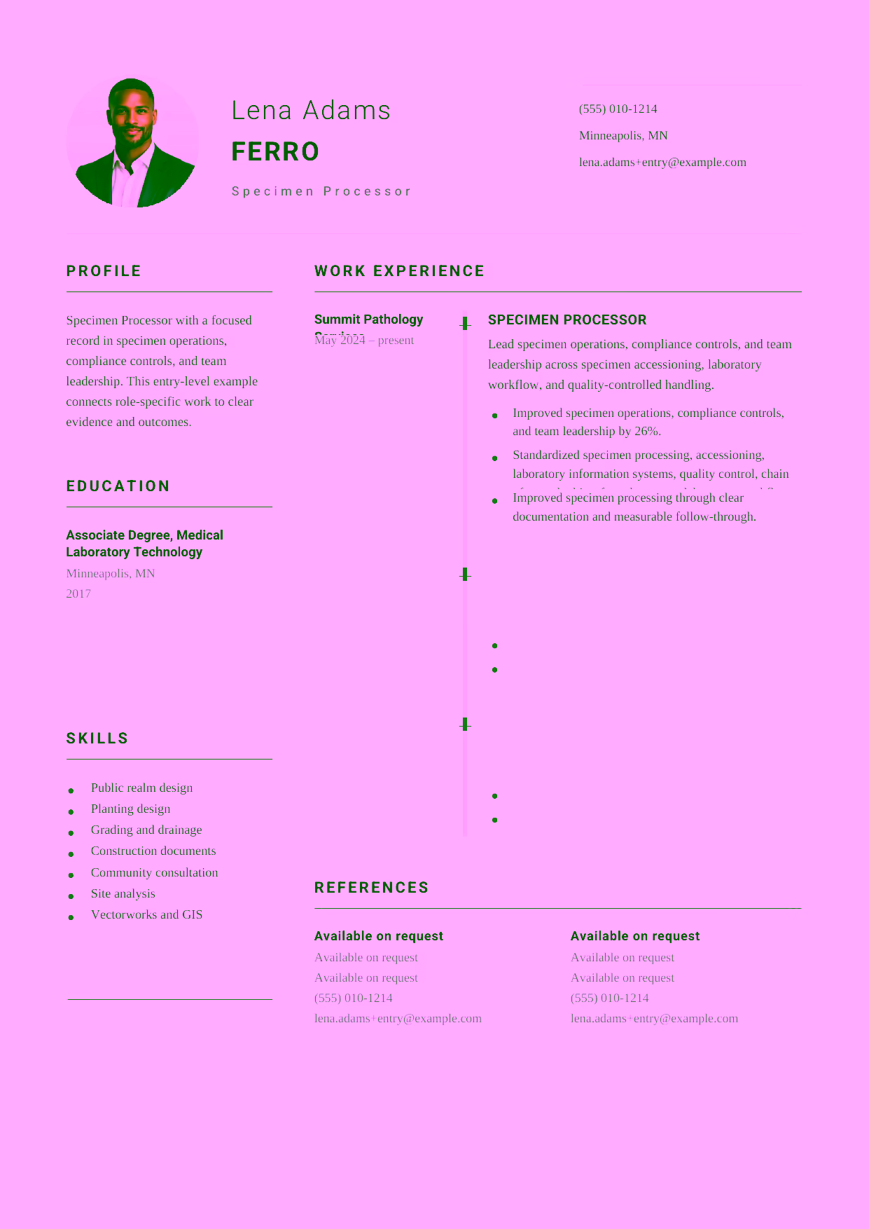 Entry-level Specimen Processor resume example in the Puppis template focused on accessioning, labeling accuracy, and safe specimen handling.