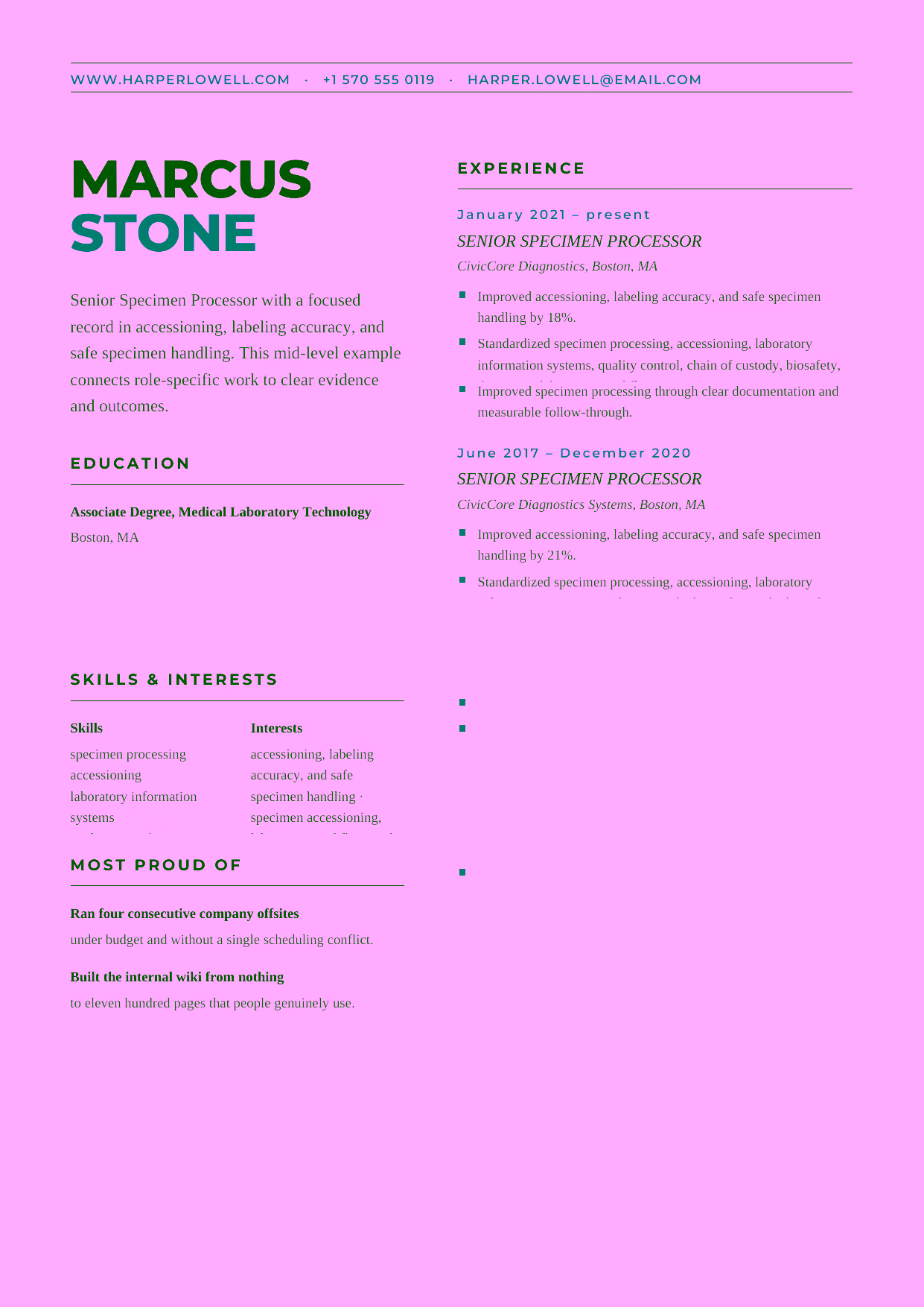 Mid-level Senior Specimen Processor resume example in the Bootes template focused on laboratory workflow, quality checks, and laboratory information systems documentation.