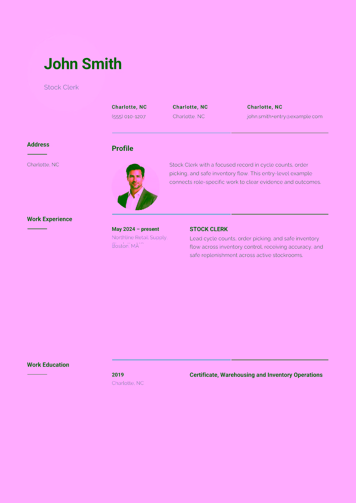 Entry-level Stock Clerk resume example in the Pavo template focused on receiving, stock replenishment, and accurate shelf records.