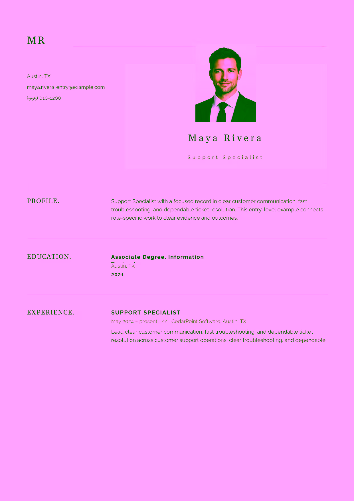 Entry-level Support Specialist resume example in the Norma template focused on clear customer communication, fast troubleshooting, and dependable ticket resolution.