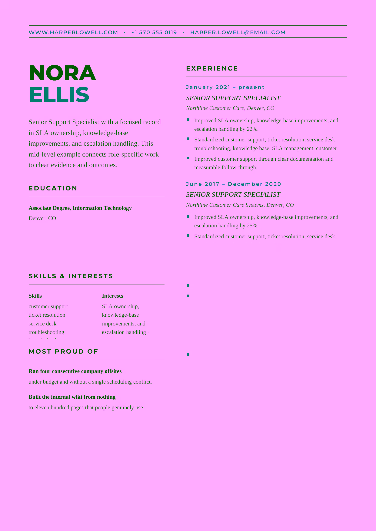 Mid-level Senior Support Specialist resume example in the Bootes template focused on SLA ownership, knowledge-base improvements, and escalation handling.