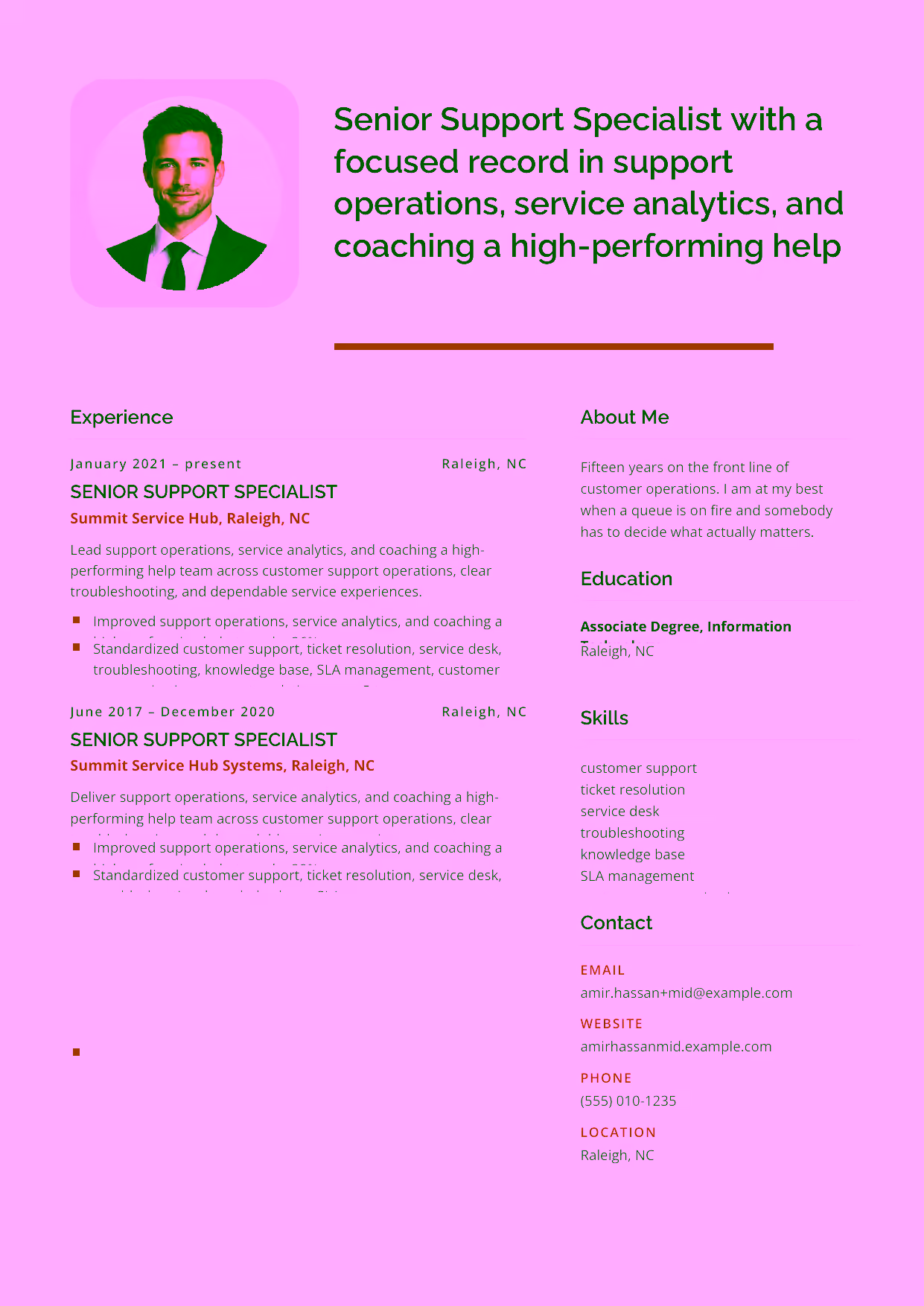 Mid-level Senior Support Specialist resume example in the Andromeda template focused on SLA ownership, knowledge-base improvements, and escalation handling.