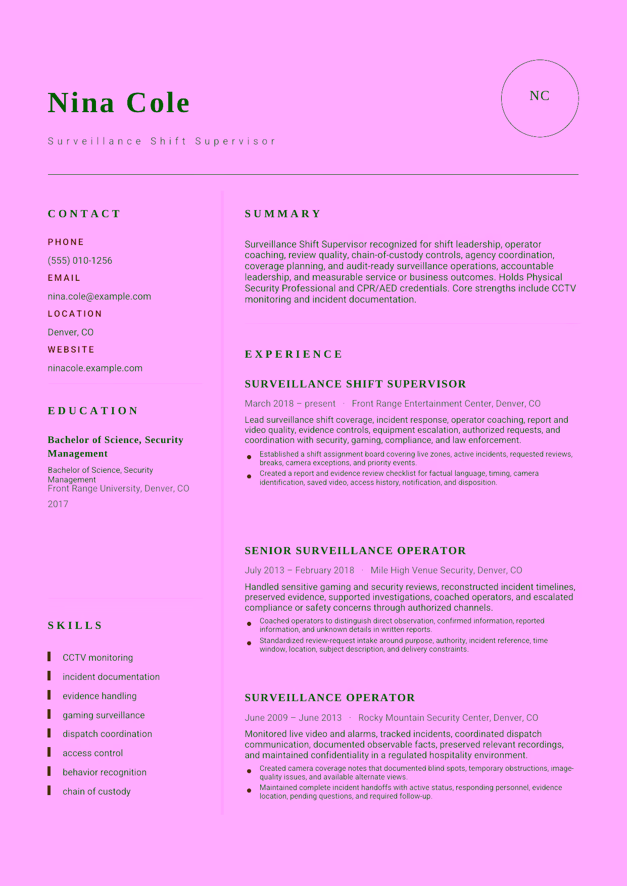 Advanced Surveillance Shift Supervisor resume example in the Grus template focused on shift leadership, operator coaching, review quality, chain-of-custody controls, agency coordination, coverage planning, and audit-ready surveillance operations.