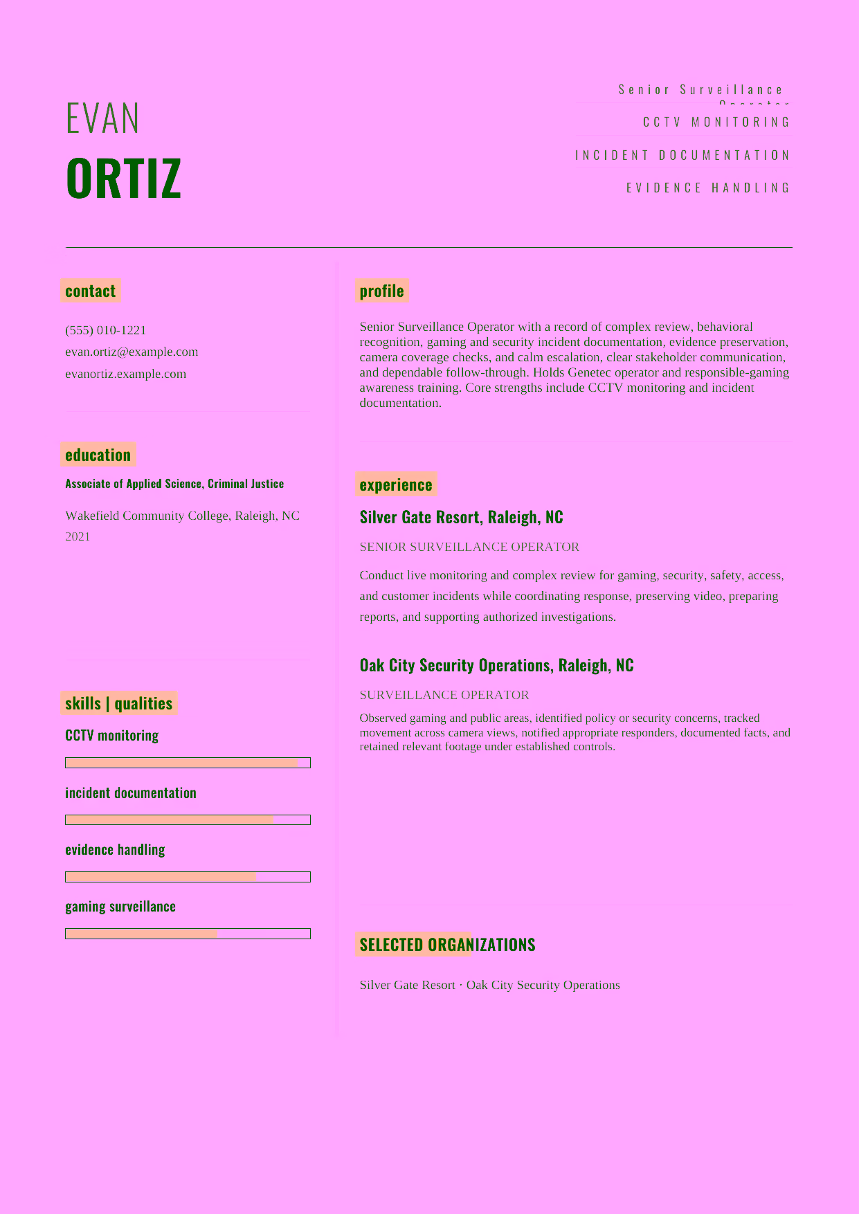 Mid-level Senior Surveillance Operator resume example in the Dorado template focused on complex review, behavioral recognition, gaming and security incident documentation, evidence preservation, camera coverage checks, and calm escalation.