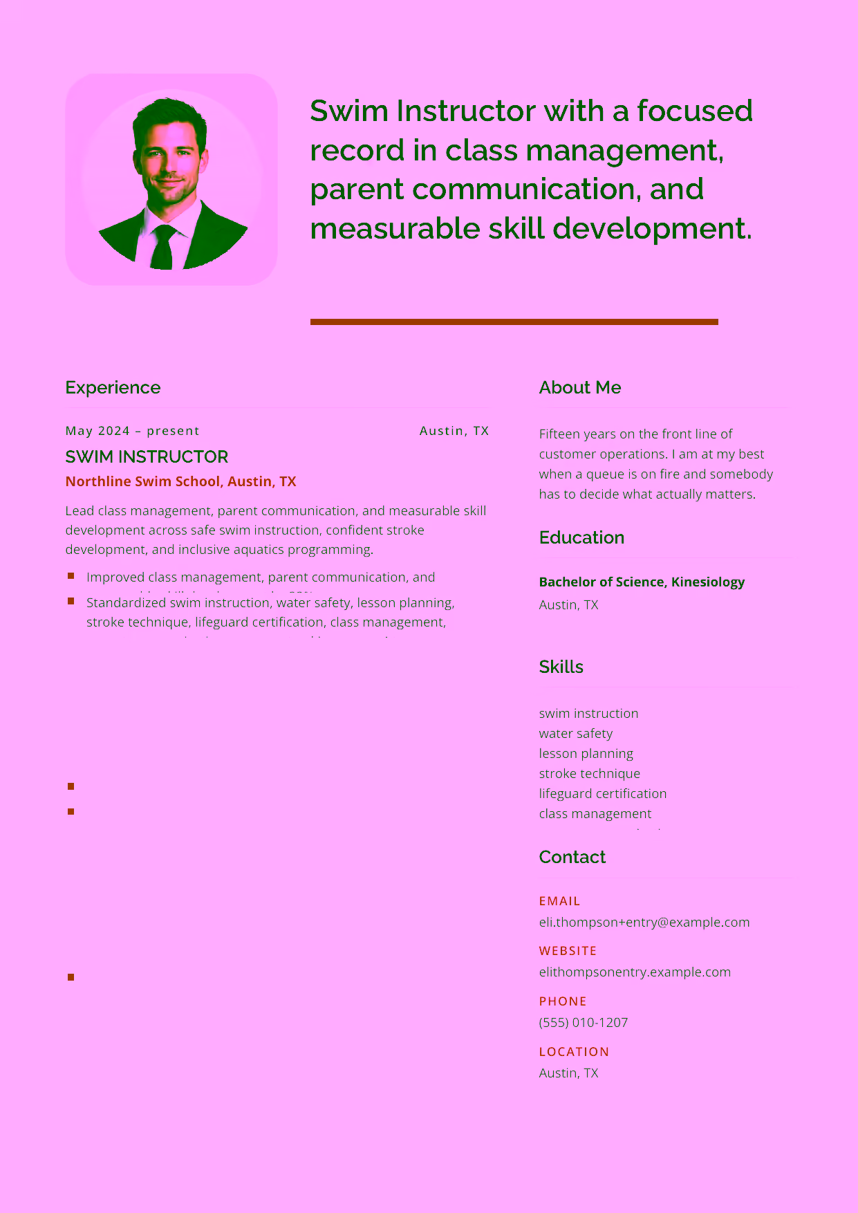 Entry-level Swim Instructor resume example in the Andromeda template focused on safe lesson delivery, stroke coaching, and supportive learner progress.