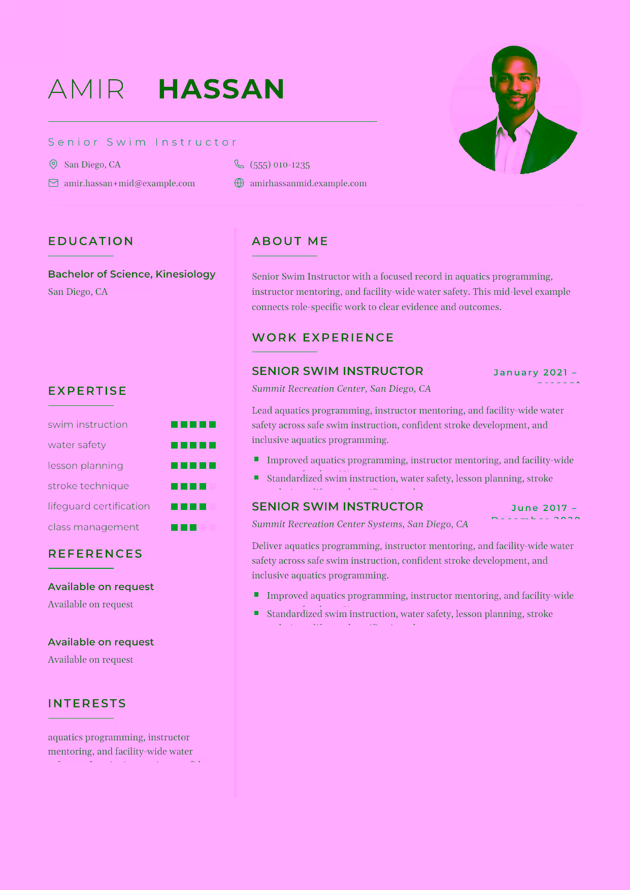 Mid-level Senior Swim Instructor resume example in the Achernar template focused on class management, parent communication, and measurable skill development.