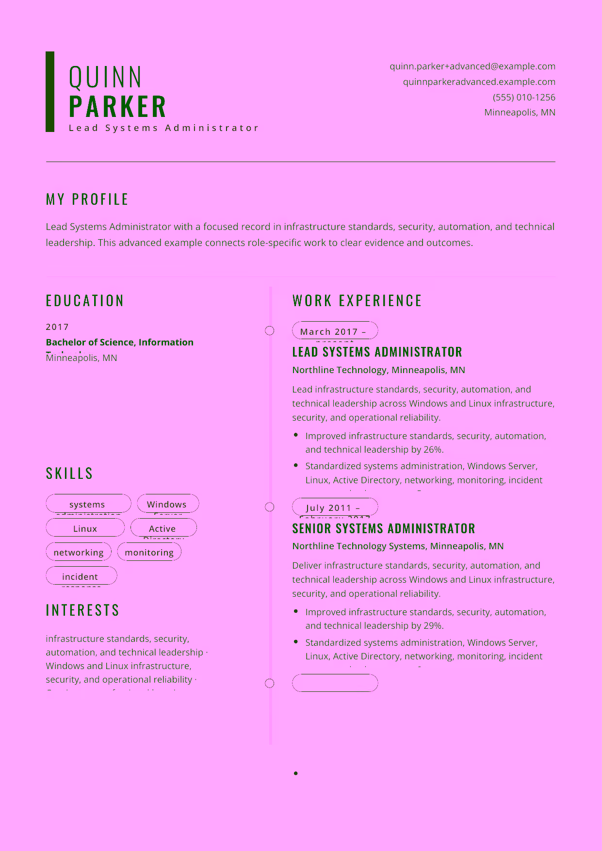 Advanced Lead Systems Administrator resume example in the Caelum template focused on infrastructure standards, security, automation, and technical leadership.