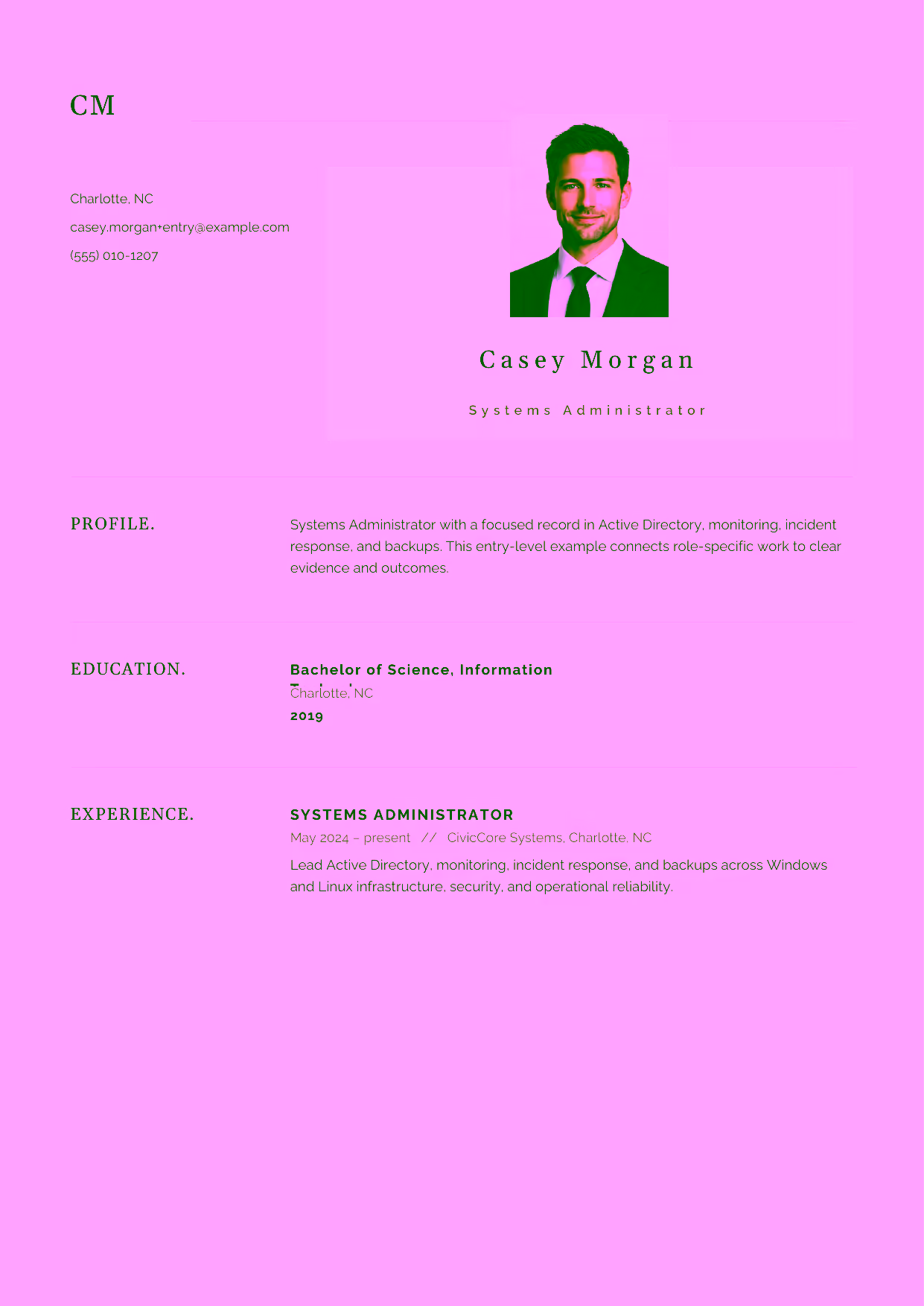 Entry-level Systems Administrator resume example in the Norma template focused on Windows Server, Linux, and dependable systems operations.