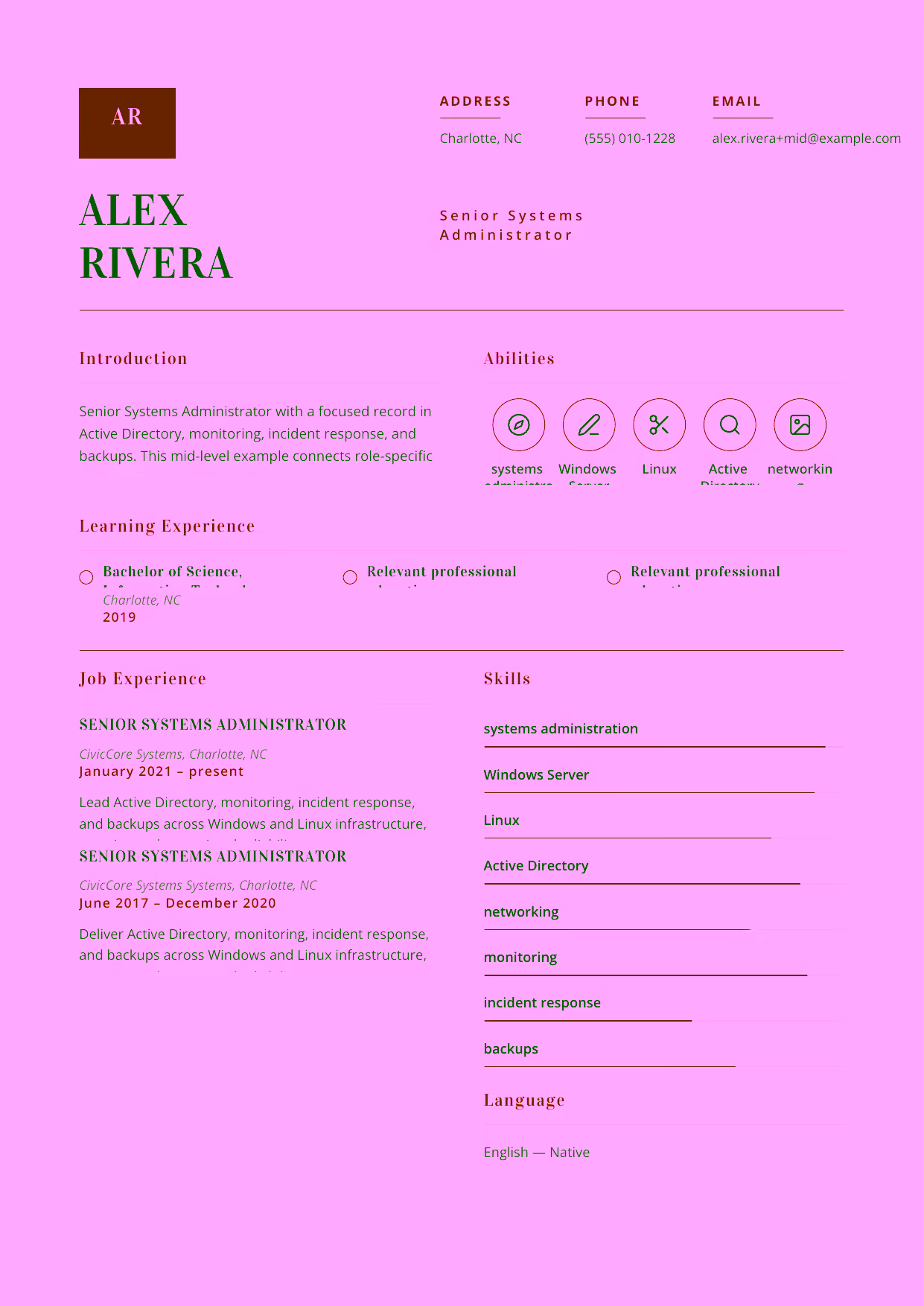 Mid-level Senior Systems Administrator resume example in the Delphinus template focused on Active Directory, monitoring, incident response, and backups.