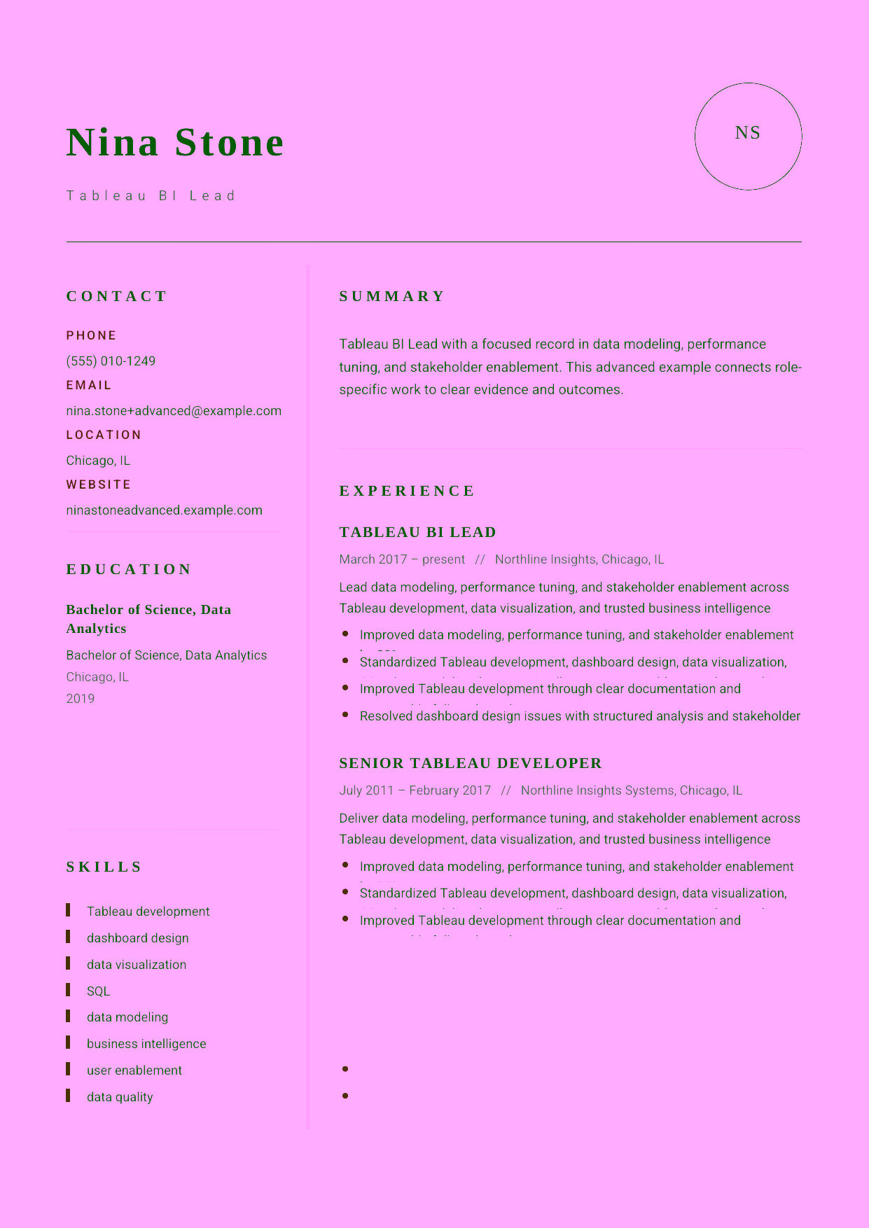 Advanced Tableau BI Lead resume example in the Grus template focused on BI governance, visualization standards, and analytics leadership.