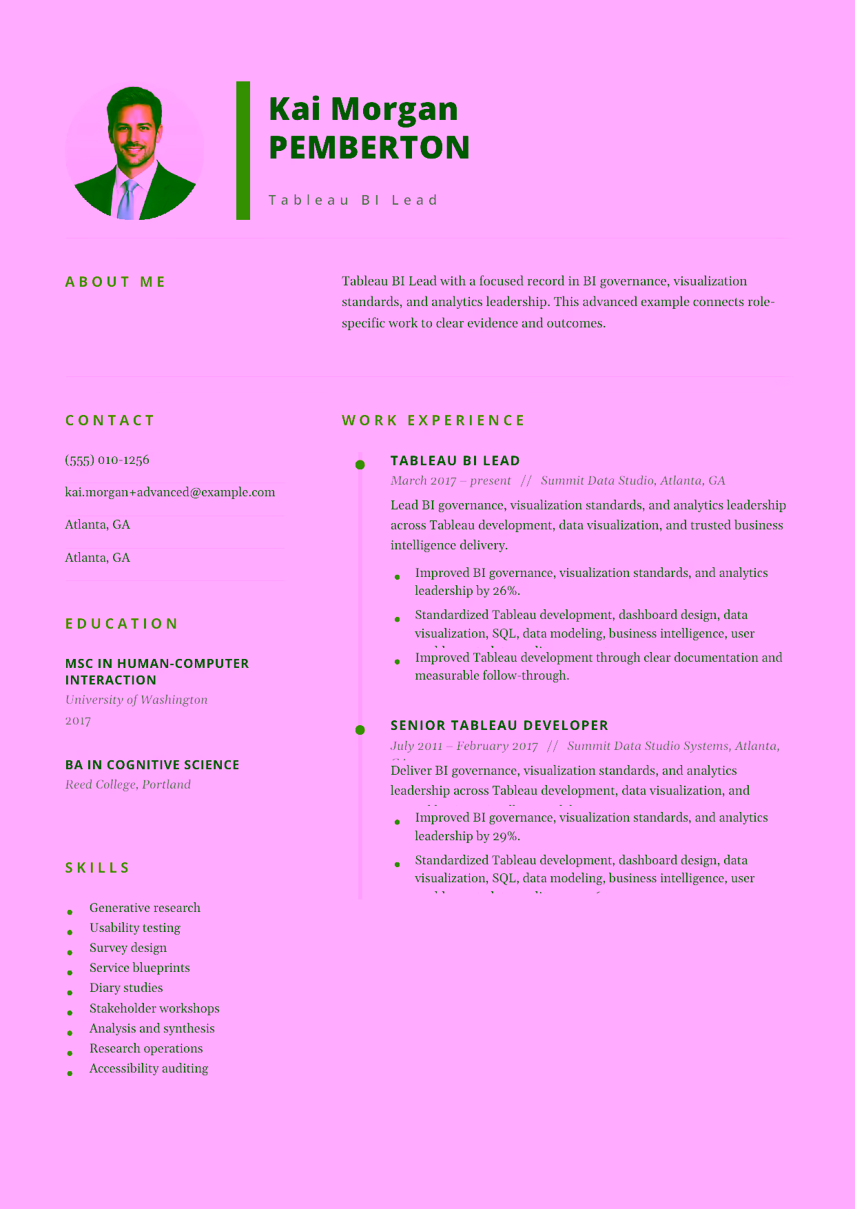 Advanced Tableau BI Lead resume example in the Pegasus template focused on BI governance, visualization standards, and analytics leadership.