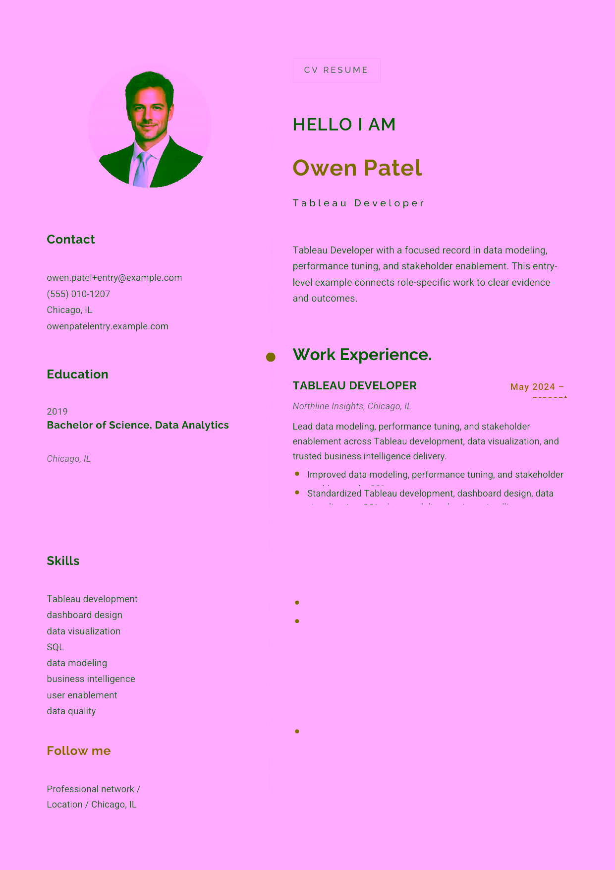 Entry-level Tableau Developer resume example in the Eridanus template focused on Tableau dashboards, SQL preparation, and clear business reporting.