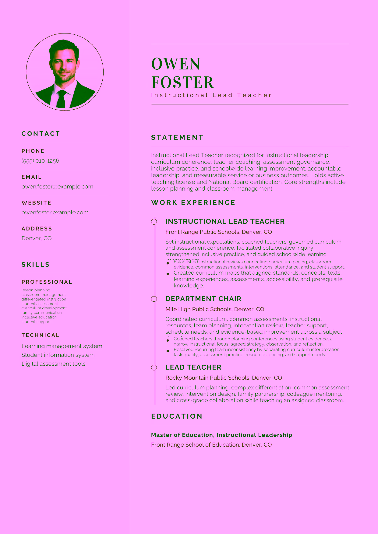 Advanced Instructional Lead Teacher resume example in the Cetus template focused on instructional leadership, curriculum coherence, teacher coaching, assessment governance, inclusive practice, and schoolwide learning improvement.