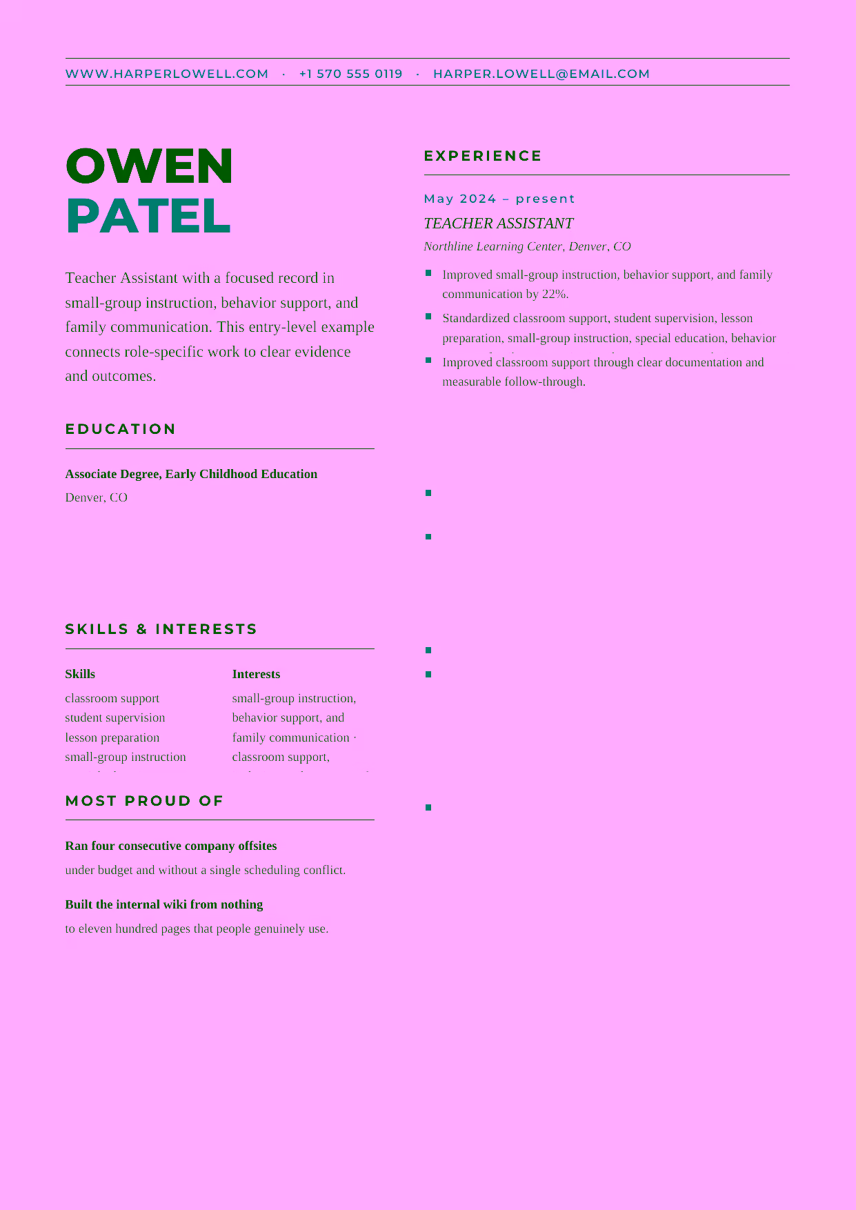 Entry-level Teacher Assistant resume example in the Bootes template focused on classroom routines, student supervision, and lesson preparation.