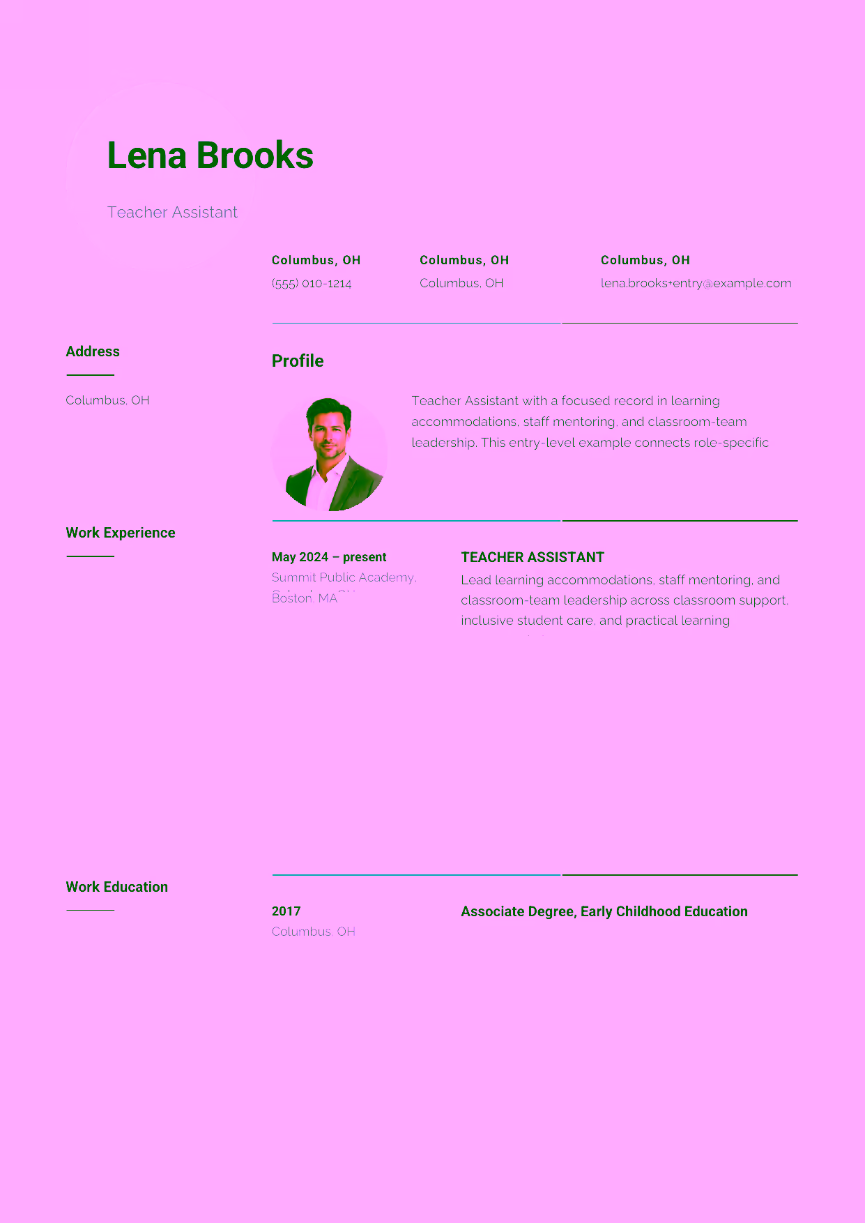 Entry-level Teacher Assistant resume example in the Pavo template focused on classroom routines, student supervision, and lesson preparation.