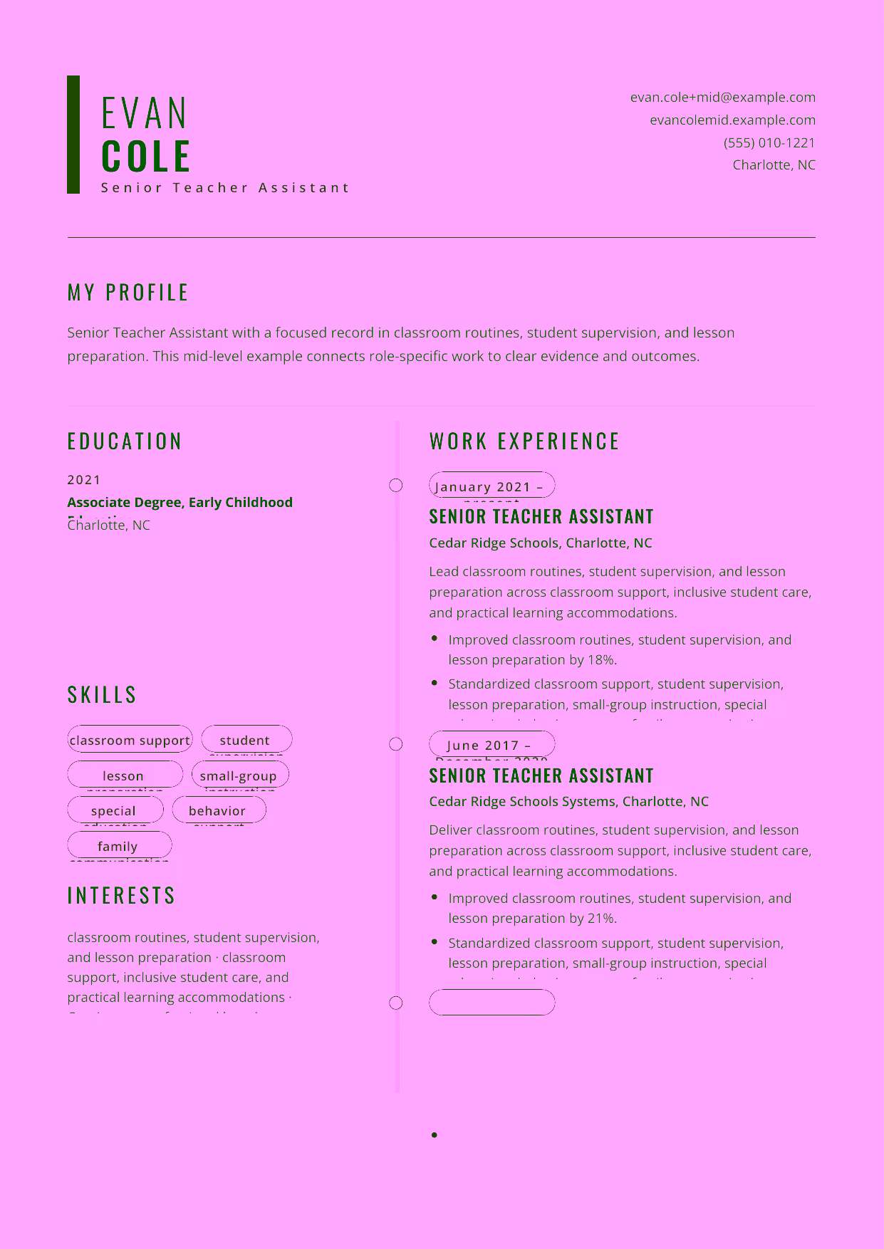 Mid-level Senior Teacher Assistant resume example in the Caelum template focused on small-group instruction, behavior support, and family communication.