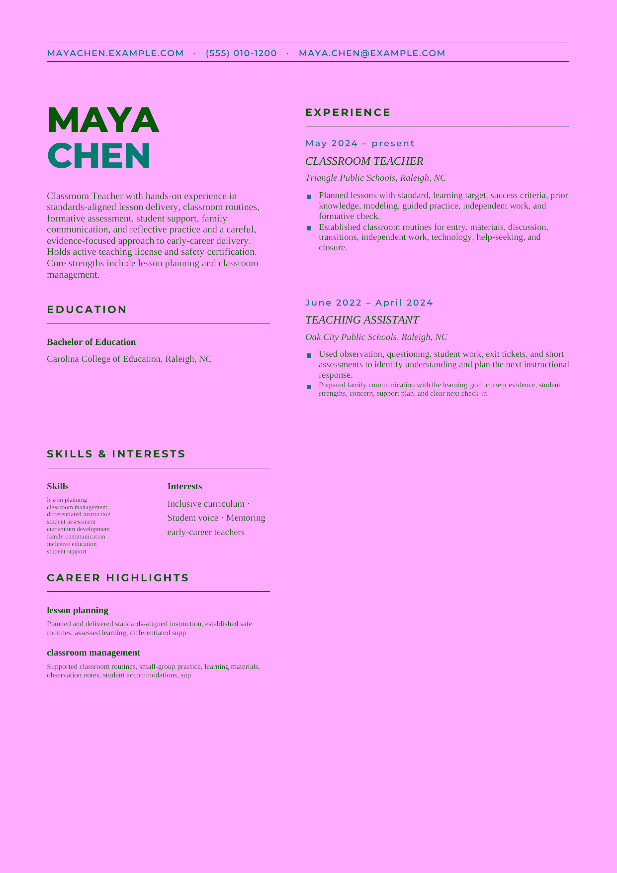 Entry-level Classroom Teacher resume example in the Bootes template focused on standards-aligned lesson delivery, classroom routines, formative assessment, student support, family communication, and reflective practice.
