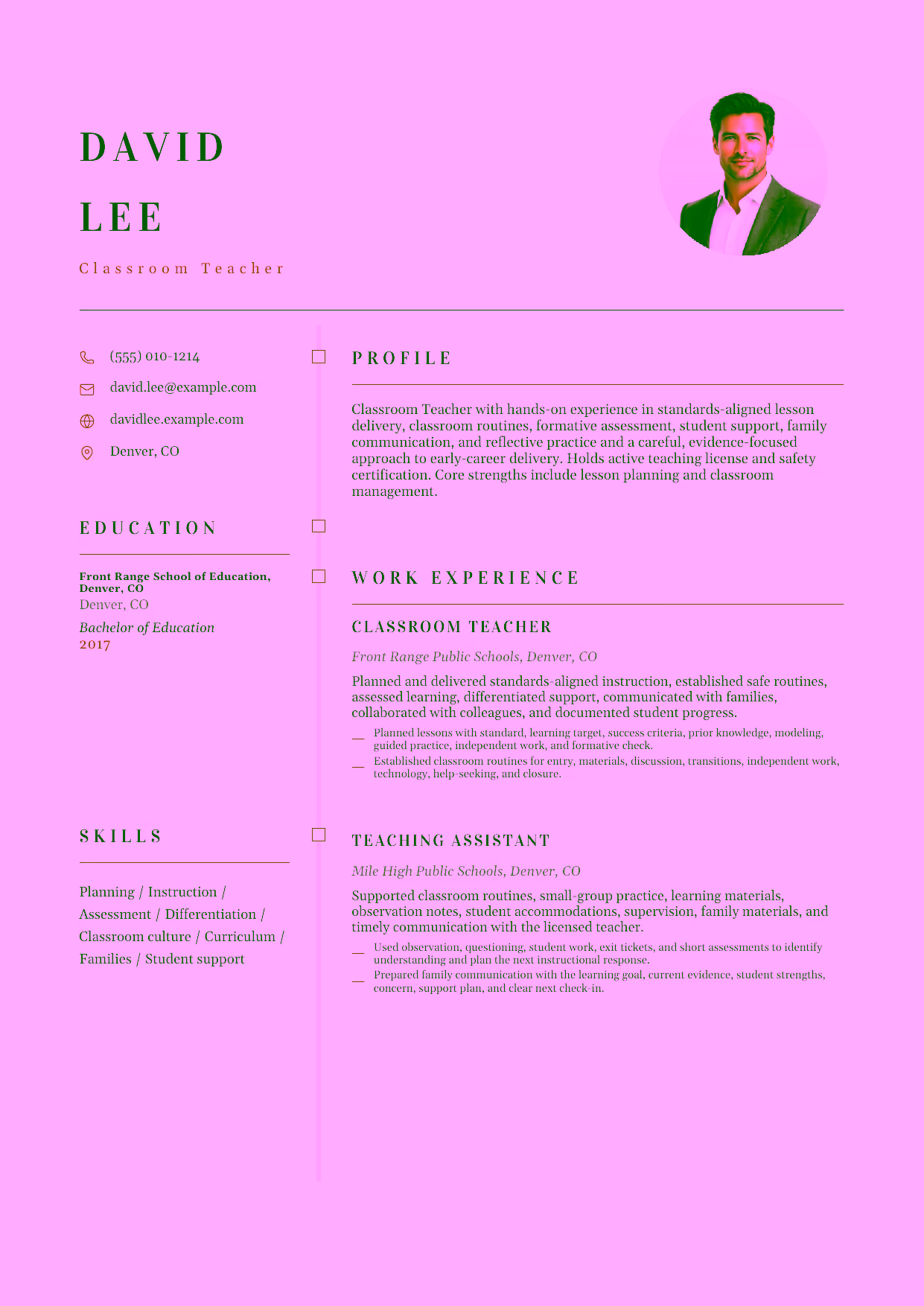 Entry-level Classroom Teacher resume example in the Draco template focused on standards-aligned lesson delivery, classroom routines, formative assessment, student support, family communication, and reflective practice.