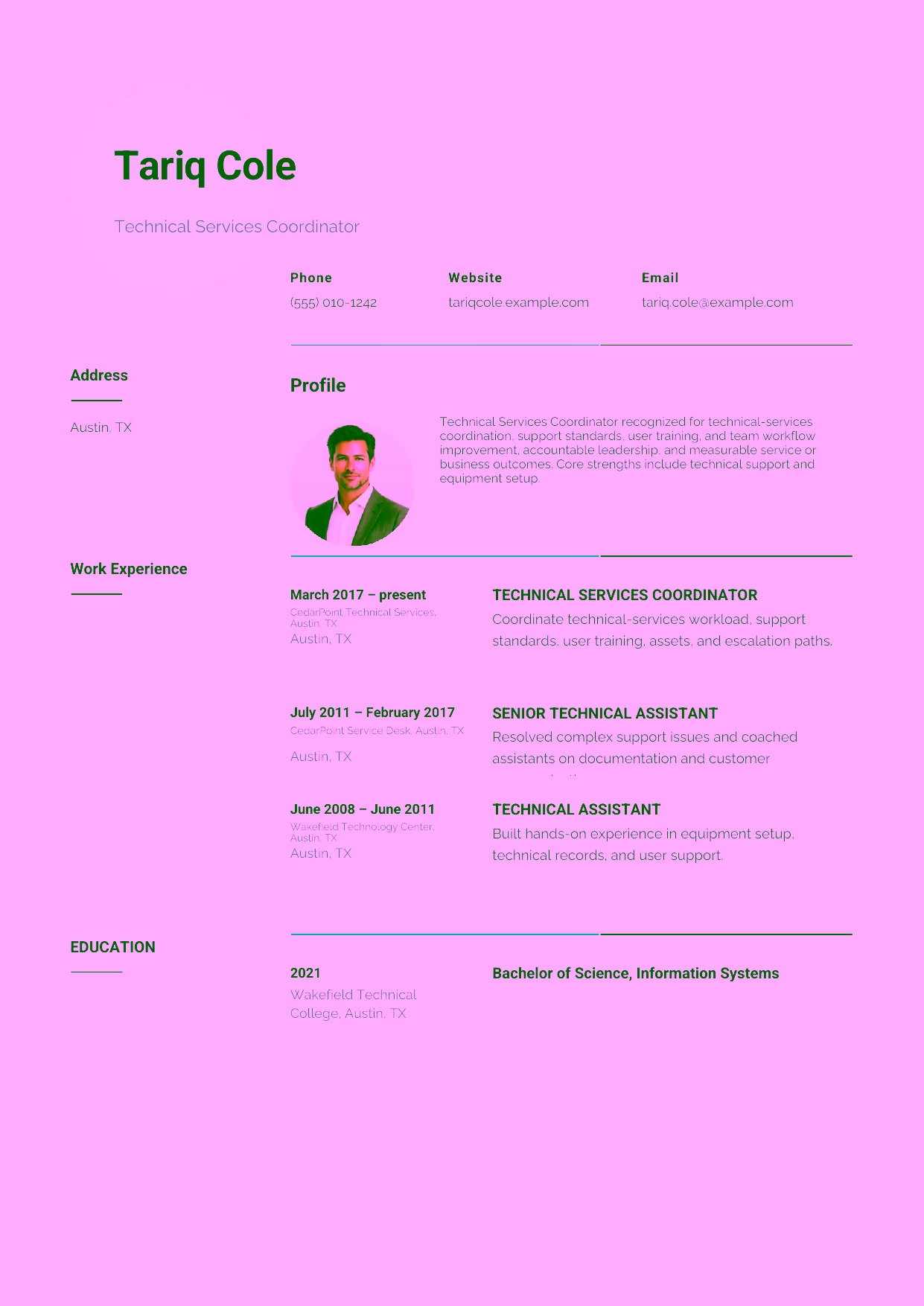 Advanced Technical Services Coordinator resume example in the Pavo template focused on technical-services coordination, support standards, user training, and team workflow improvement.