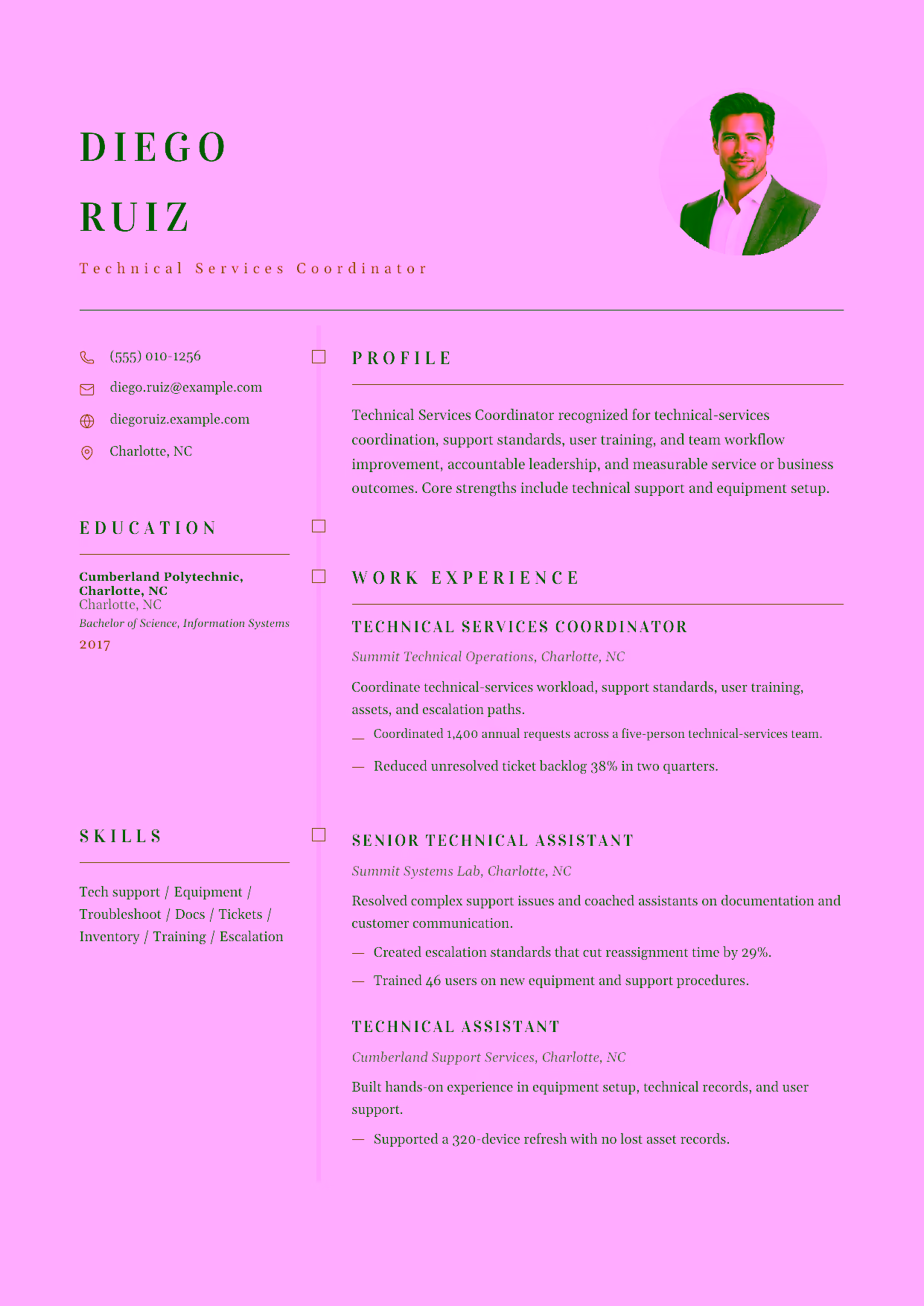 Advanced Technical Services Coordinator resume example in the Draco template focused on technical-services coordination, support standards, user training, and team workflow improvement.