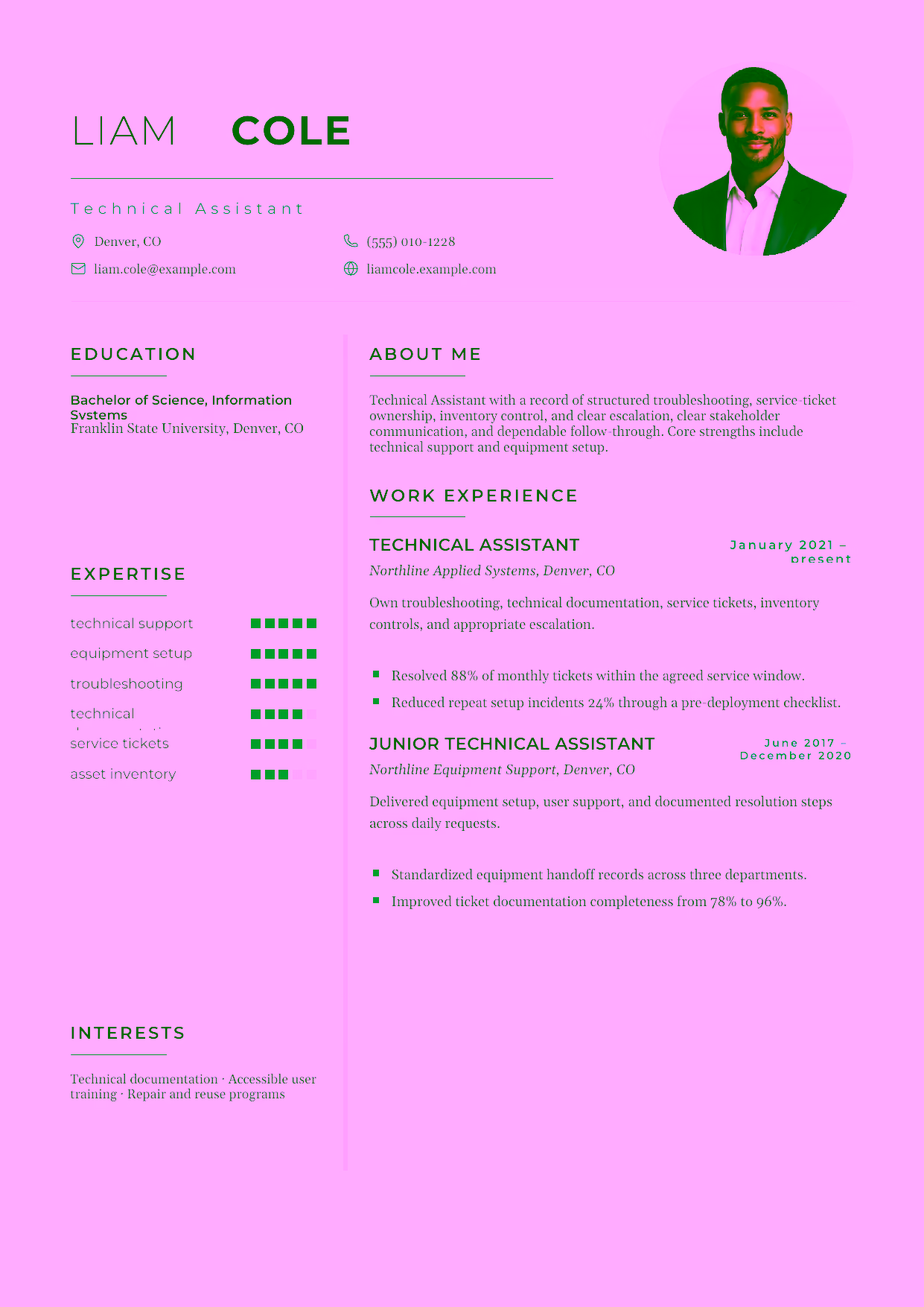 Mid-level Technical Assistant resume example in the Achernar template focused on structured troubleshooting, service-ticket ownership, inventory control, and clear escalation.