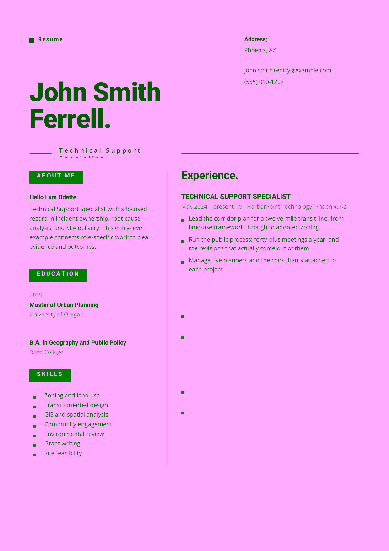 Entry-level Technical Support Specialist resume example in the Indus template focused on ticket triage, troubleshooting, and clear customer communication.