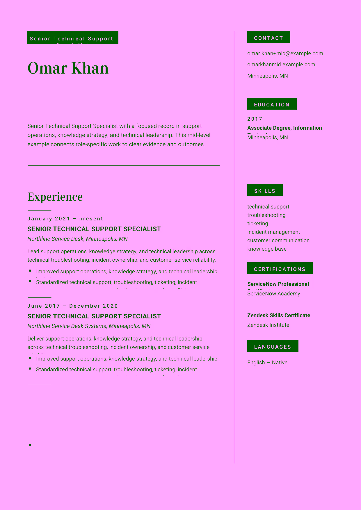 Mid-level Senior Technical Support Specialist resume example in the Aquila template focused on incident management, root cause analysis, and SLA delivery.
