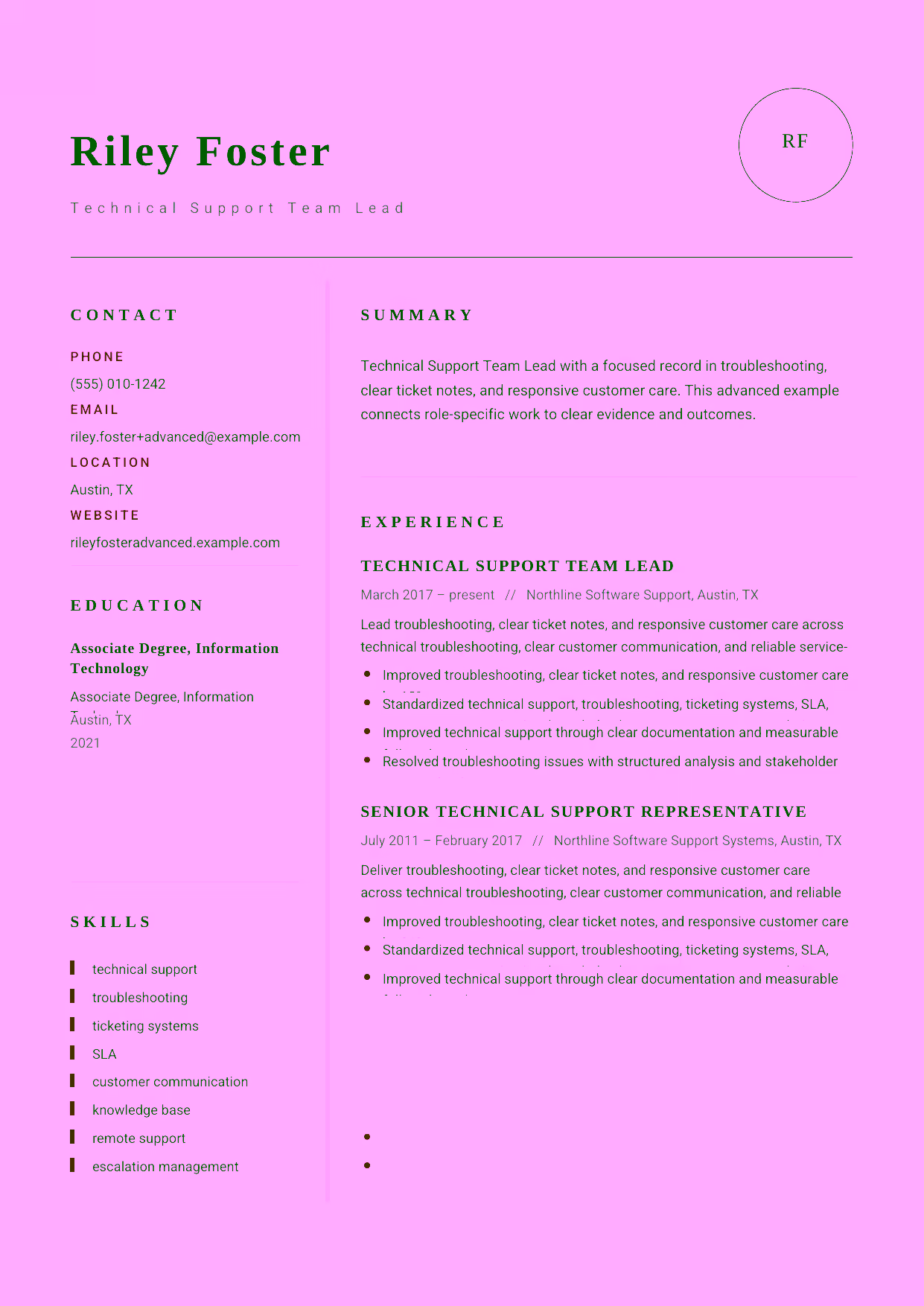 Advanced Technical Support Team Lead resume example in the Grus template focused on knowledge-base quality, coaching, and technical-support leadership.