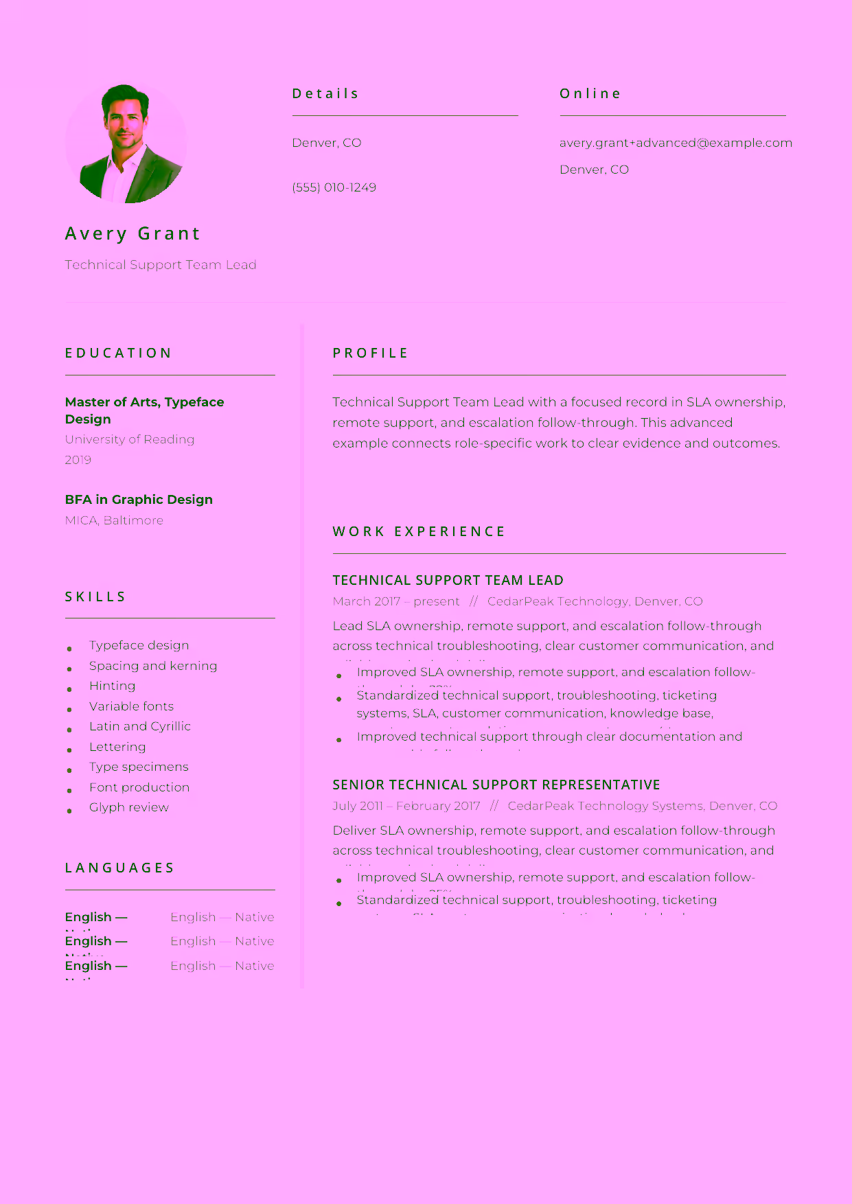 Advanced Technical Support Team Lead resume example in the Pictor template focused on knowledge-base quality, coaching, and technical-support leadership.