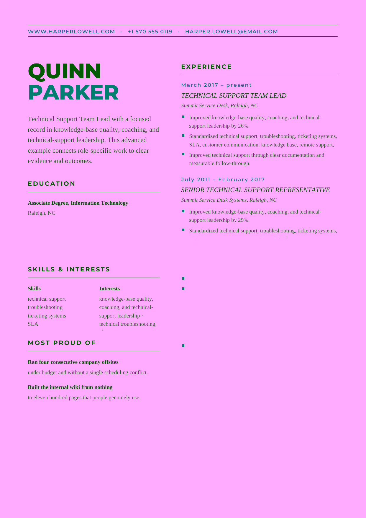 Advanced Technical Support Team Lead resume example in the Bootes template focused on knowledge-base quality, coaching, and technical-support leadership.