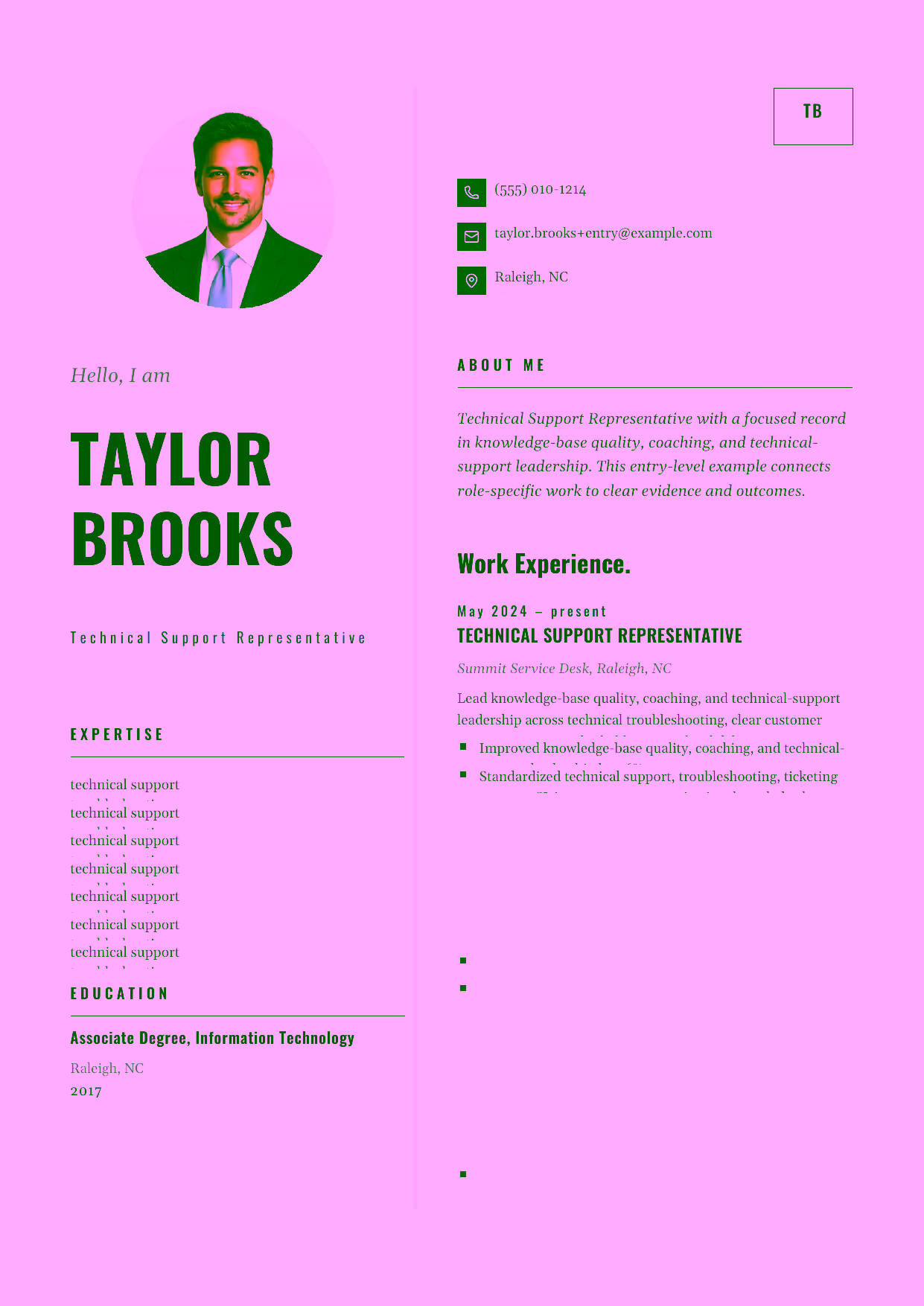 Entry-level Technical Support Representative resume example in the Equuleus template focused on troubleshooting, clear ticket notes, and responsive customer care.