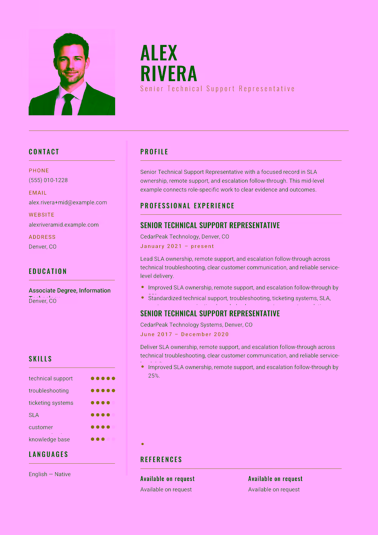 Mid-level Senior Technical Support Representative resume example in the Acamar template focused on SLA ownership, remote support, and escalation follow-through.