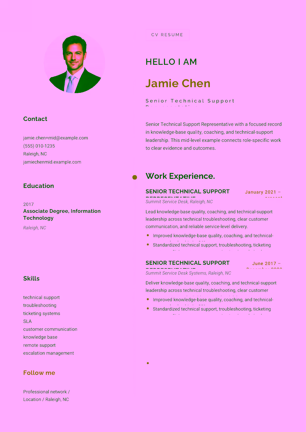 Mid-level Senior Technical Support Representative resume example in the Eridanus template focused on SLA ownership, remote support, and escalation follow-through.