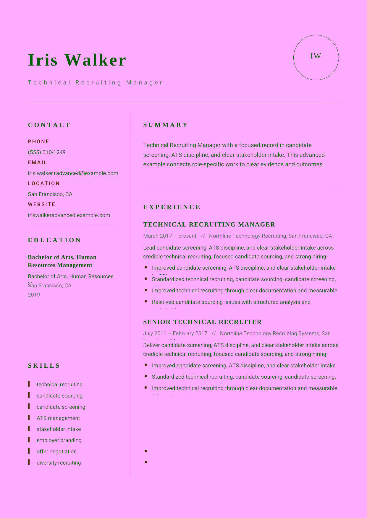 Advanced Technical Recruiting Manager resume example in the Grus template focused on offer negotiation, employer branding, and inclusive recruiting-team leadership.