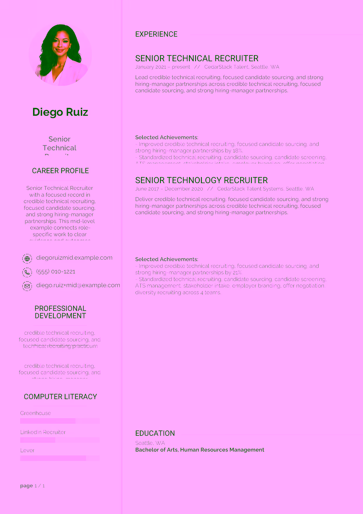 Mid-level Senior Technical Recruiter resume example in the Synnove template focused on candidate screening, ATS discipline, and clear stakeholder intake.