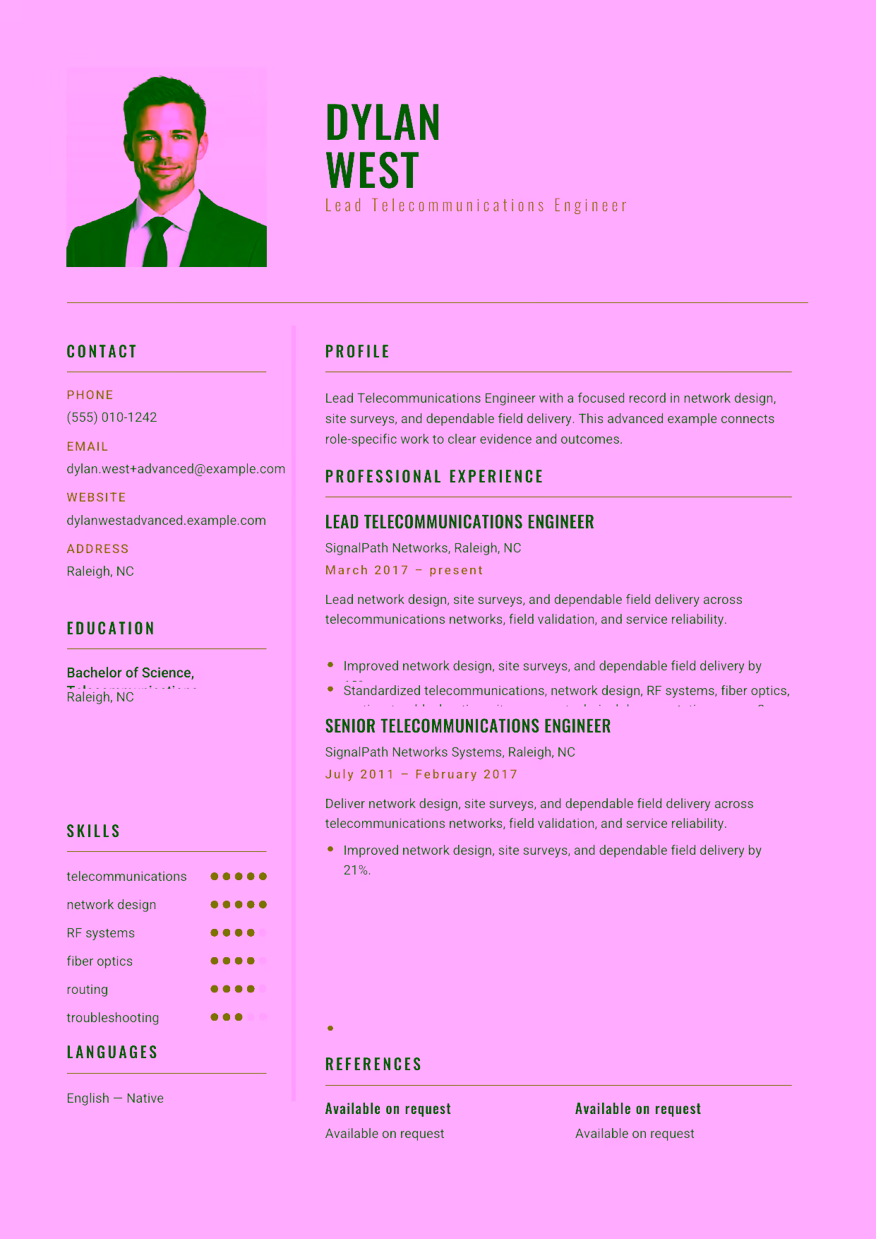 Advanced Lead Telecommunications Engineer resume example in the Acamar template focused on telecommunications architecture, documentation, and technical leadership.