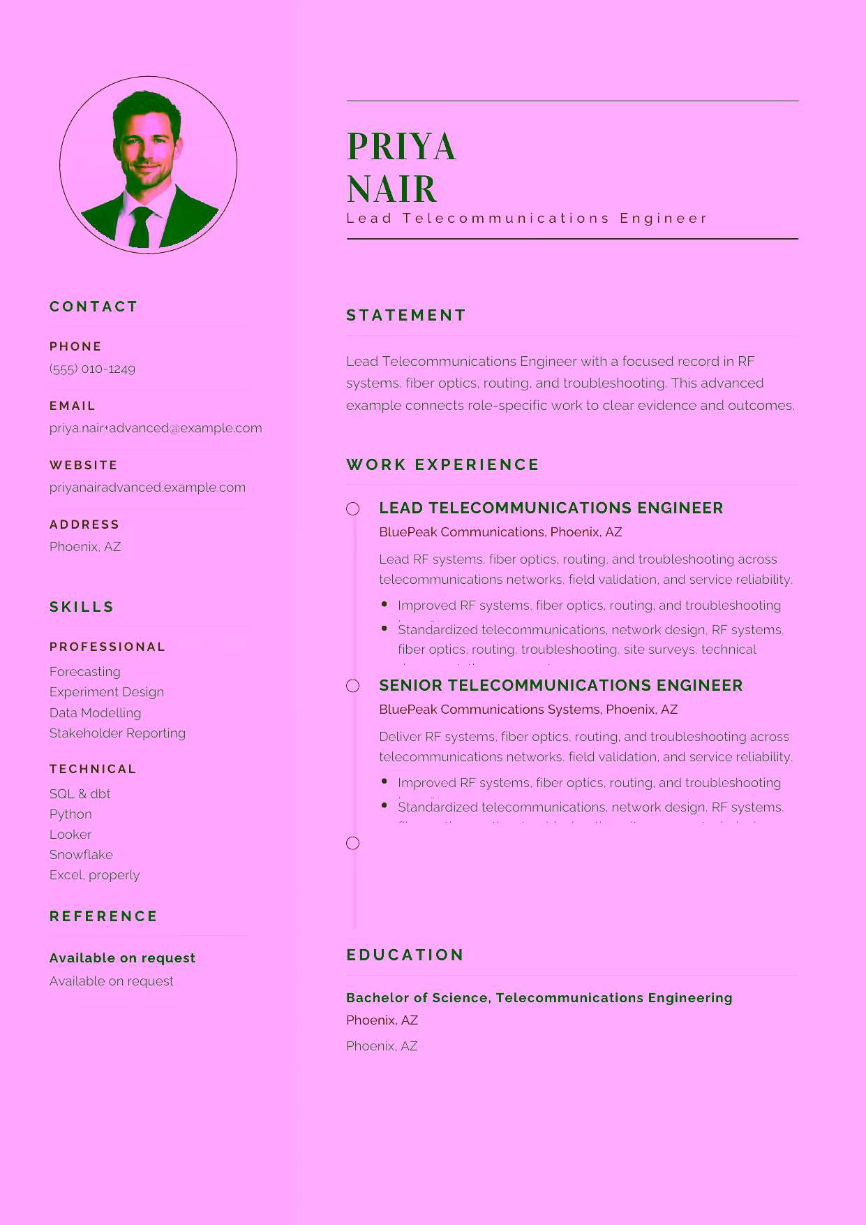 Advanced Lead Telecommunications Engineer resume example in the Cetus template focused on telecommunications architecture, documentation, and technical leadership.