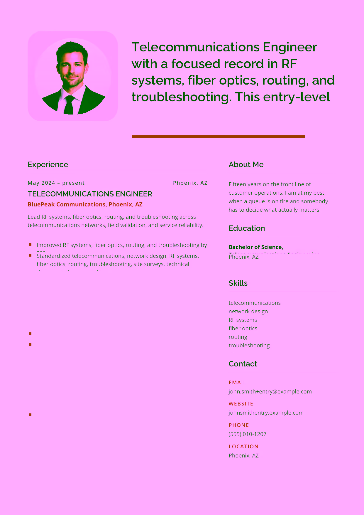 Entry-level Telecommunications Engineer resume example in the Andromeda template focused on network design, site surveys, and dependable field delivery.