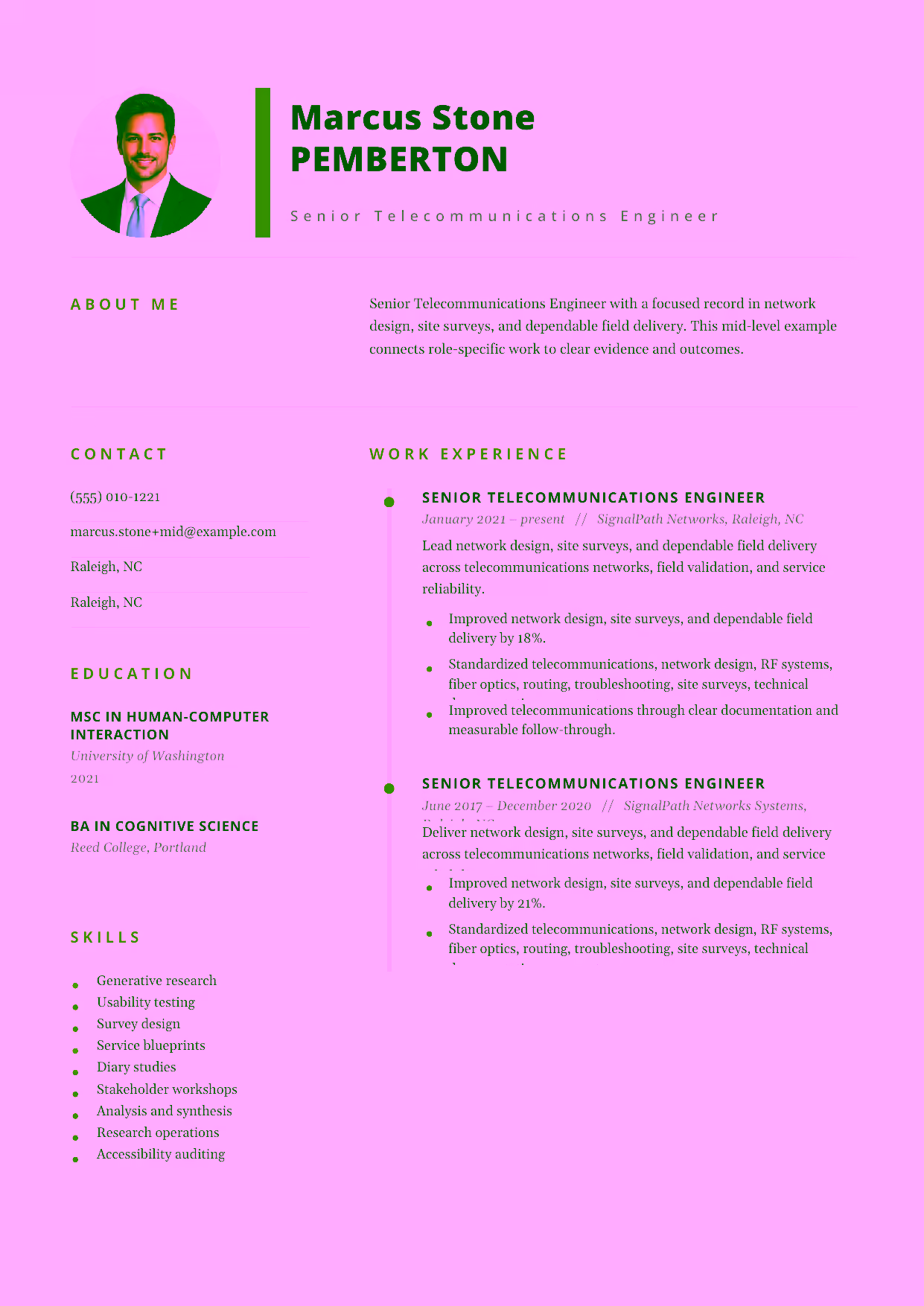 Mid-level Senior Telecommunications Engineer resume example in the Pegasus template focused on RF systems, fiber optics, routing, and troubleshooting.